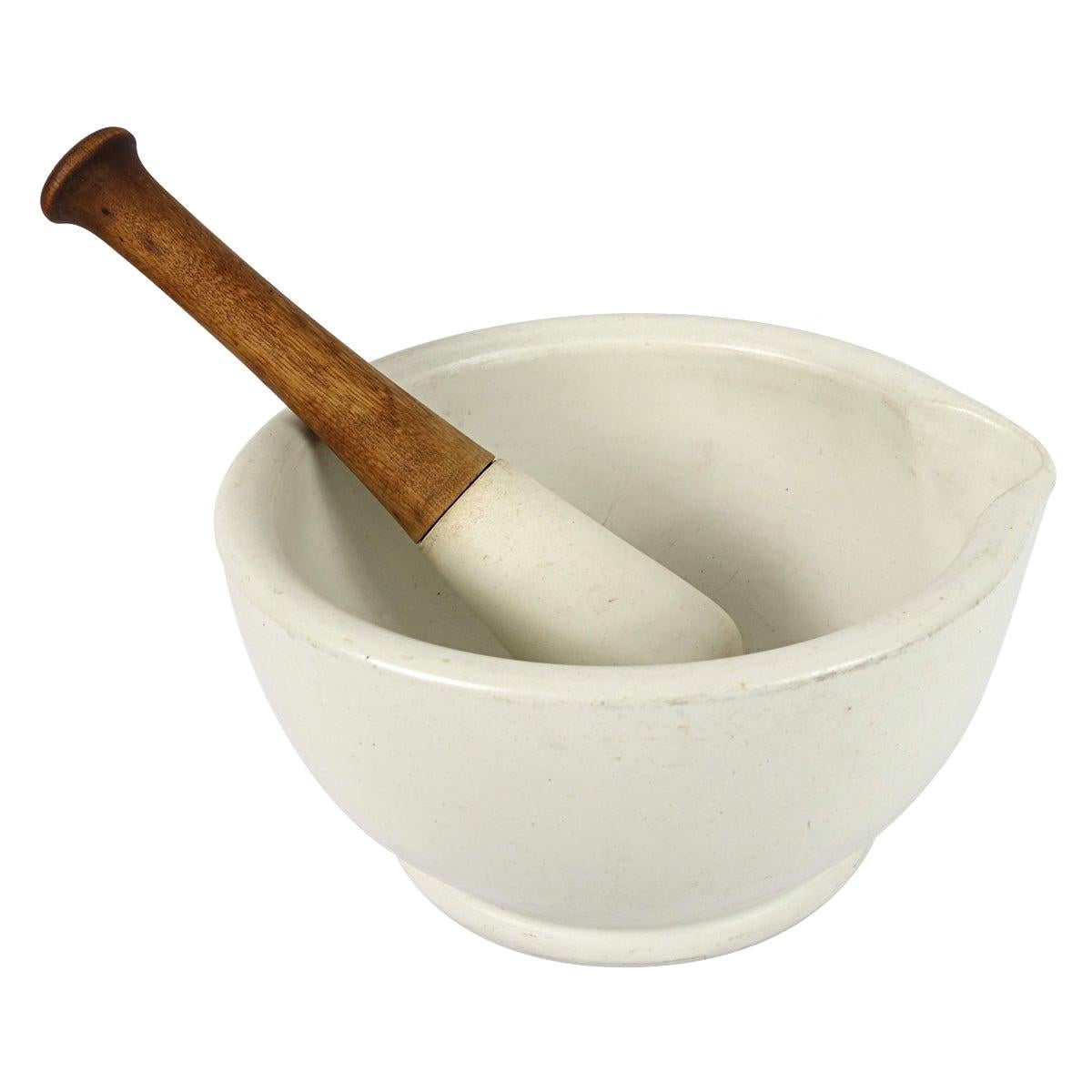 Extra Large Apothecary Porcelain Mortar and Partially Wooden Pestle