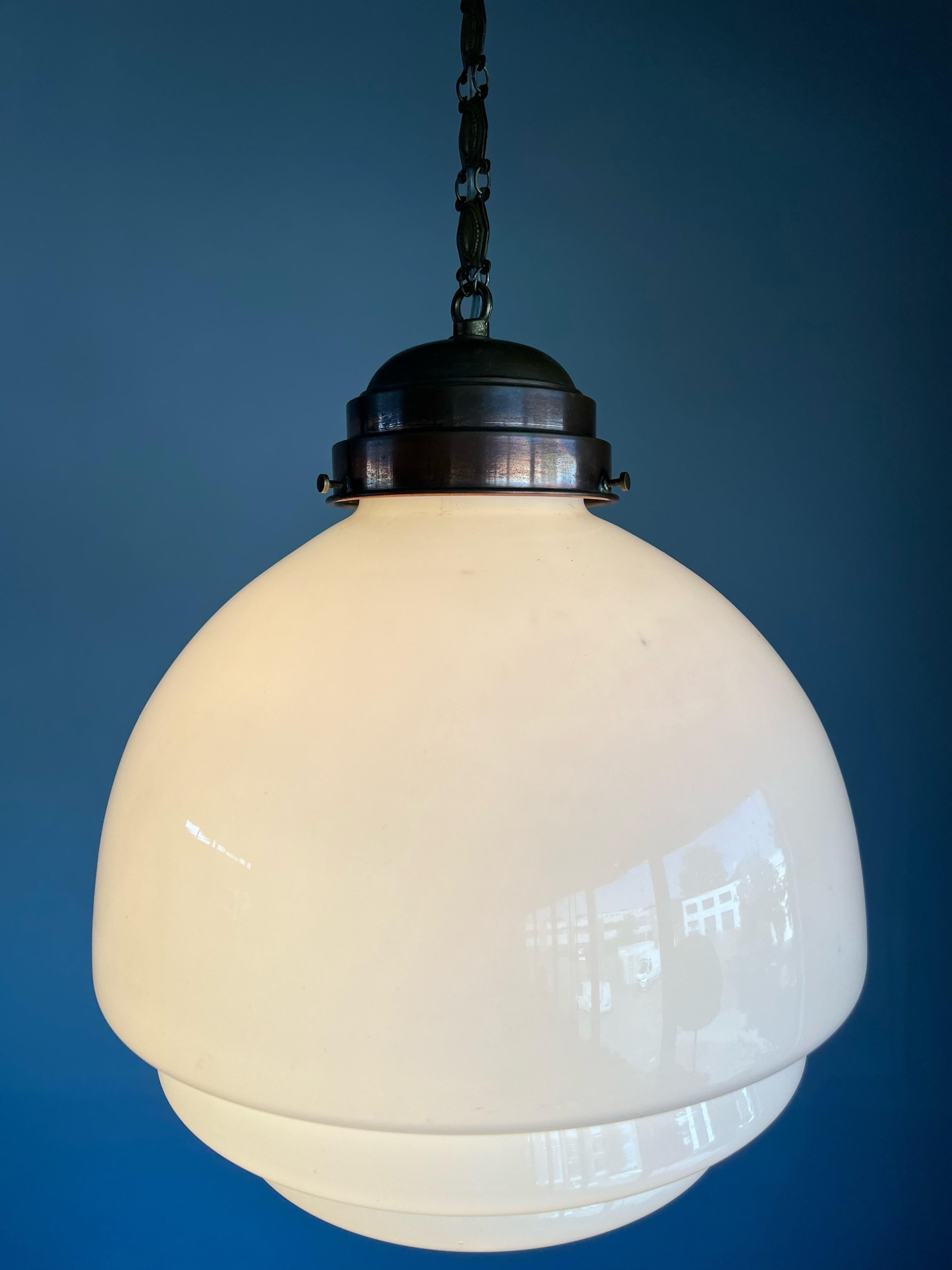 Extra Large Art Deco / Bauhaus Style Brass & White Opaline Glass Pendant Light 12