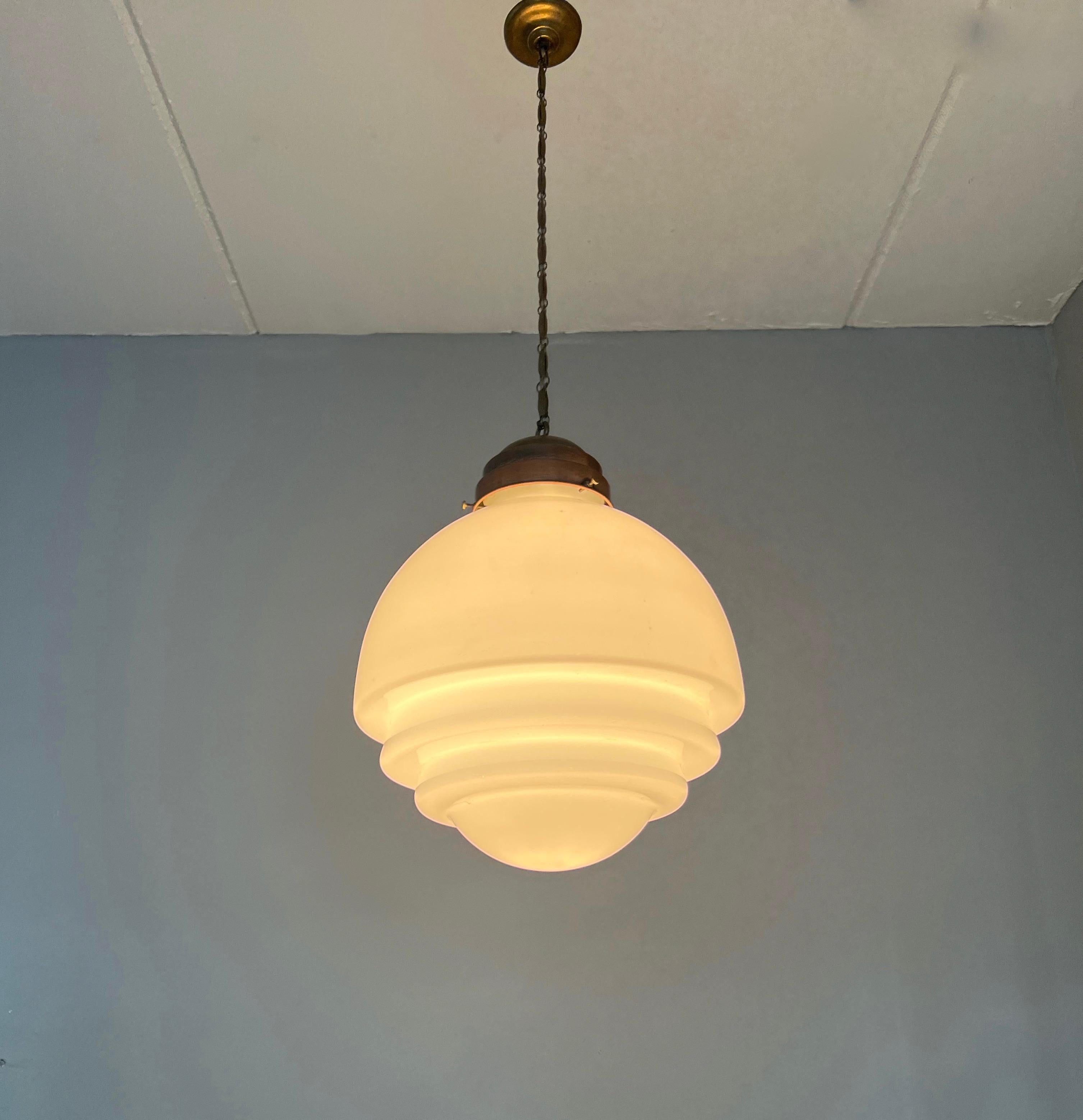 Extra Large Art Deco / Bauhaus Style Brass & White Opaline Glass Pendant Light In Excellent Condition In Lisse, NL