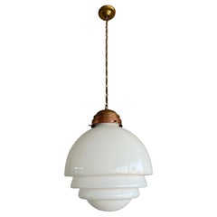 Extra Large Art Deco / Bauhaus Style Brass & White Opaline Glass Pendant Light