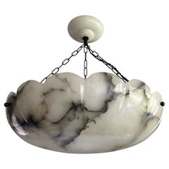 Extra Large Art Deco White Alabaster & Black Veins Pendant / Flush Mount 1920