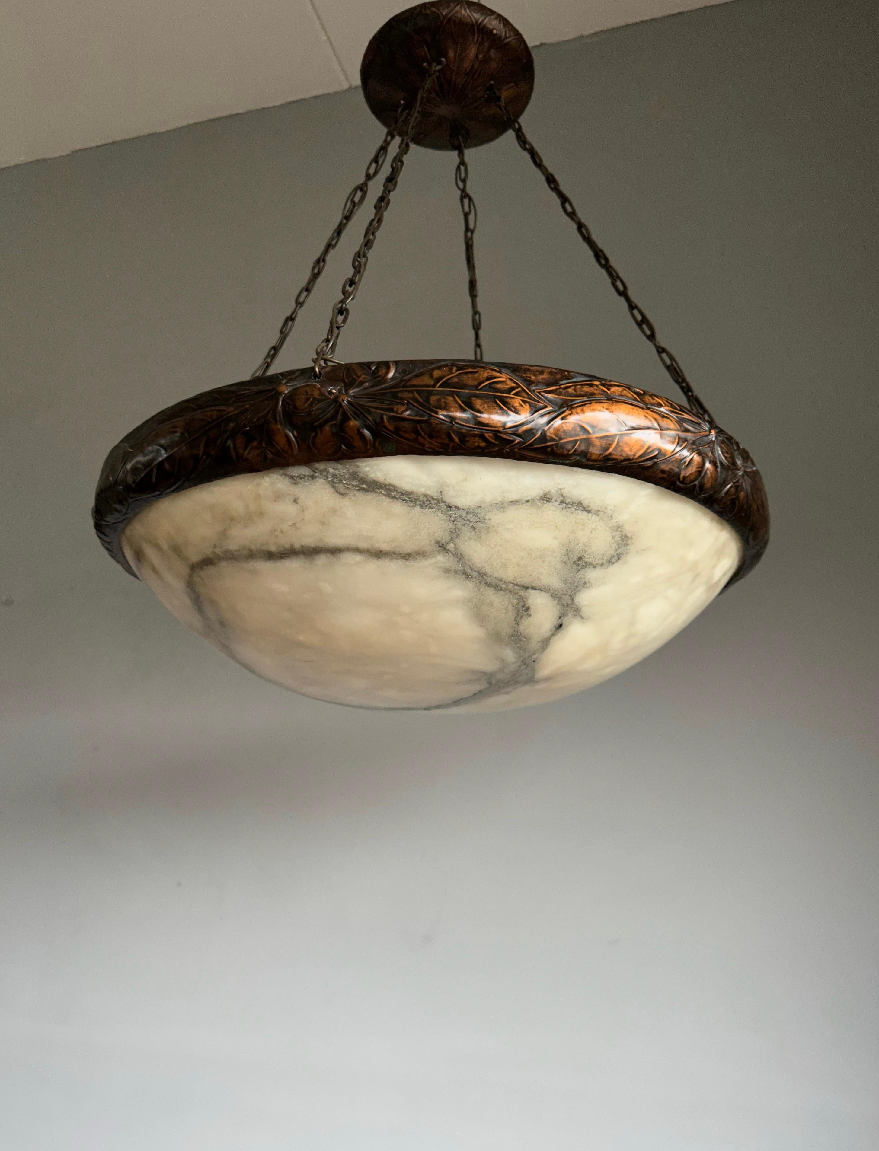 Extra Large Arts & Crafts White Alabaster and Copper Pendant Light w Tree Leaves 8