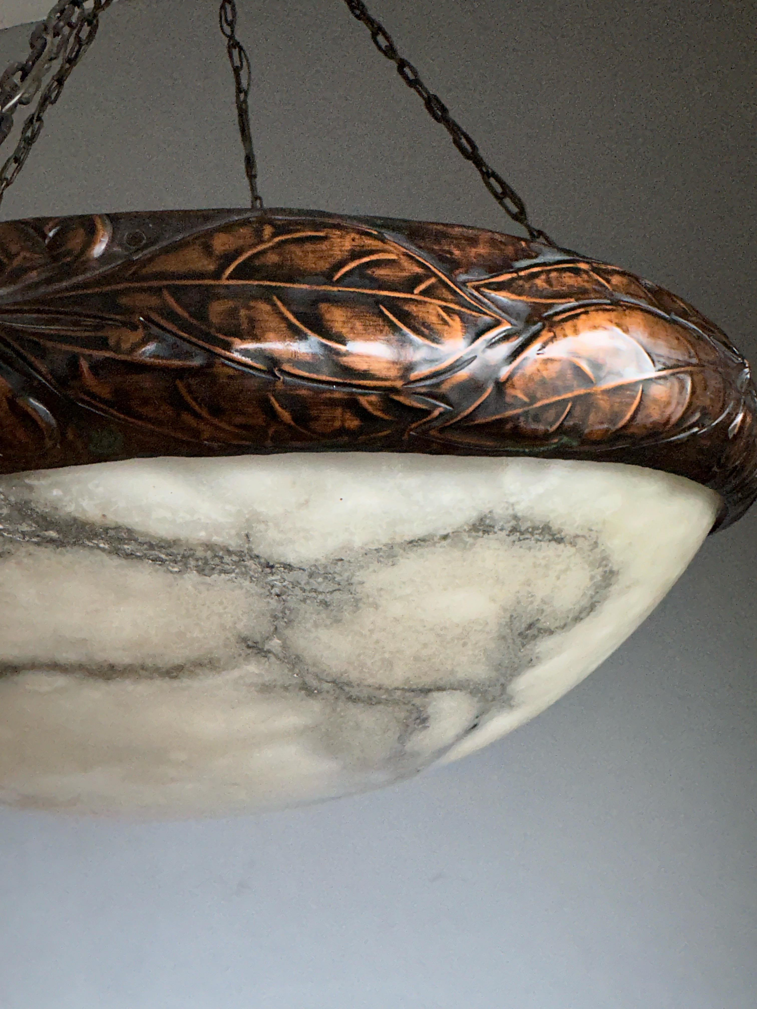 Extra Large Arts & Crafts White Alabaster and Copper Pendant Light w Tree Leaves 12