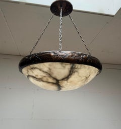 Extra Large Arts & Crafts White Alabaster and Copper Pendant Light w Tree Leaves
