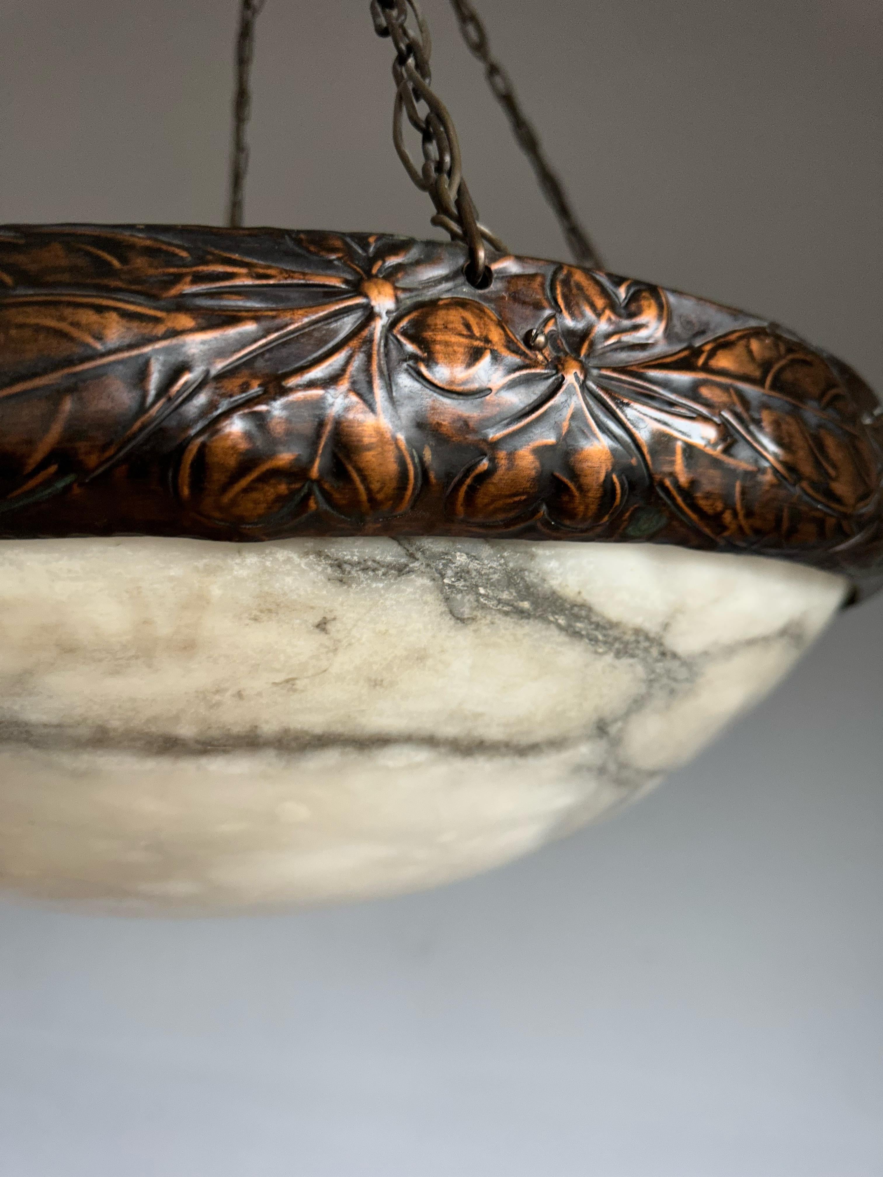 Extra Large Arts & Crafts White Alabaster and Copper Pendant Light w Tree Leaves 1