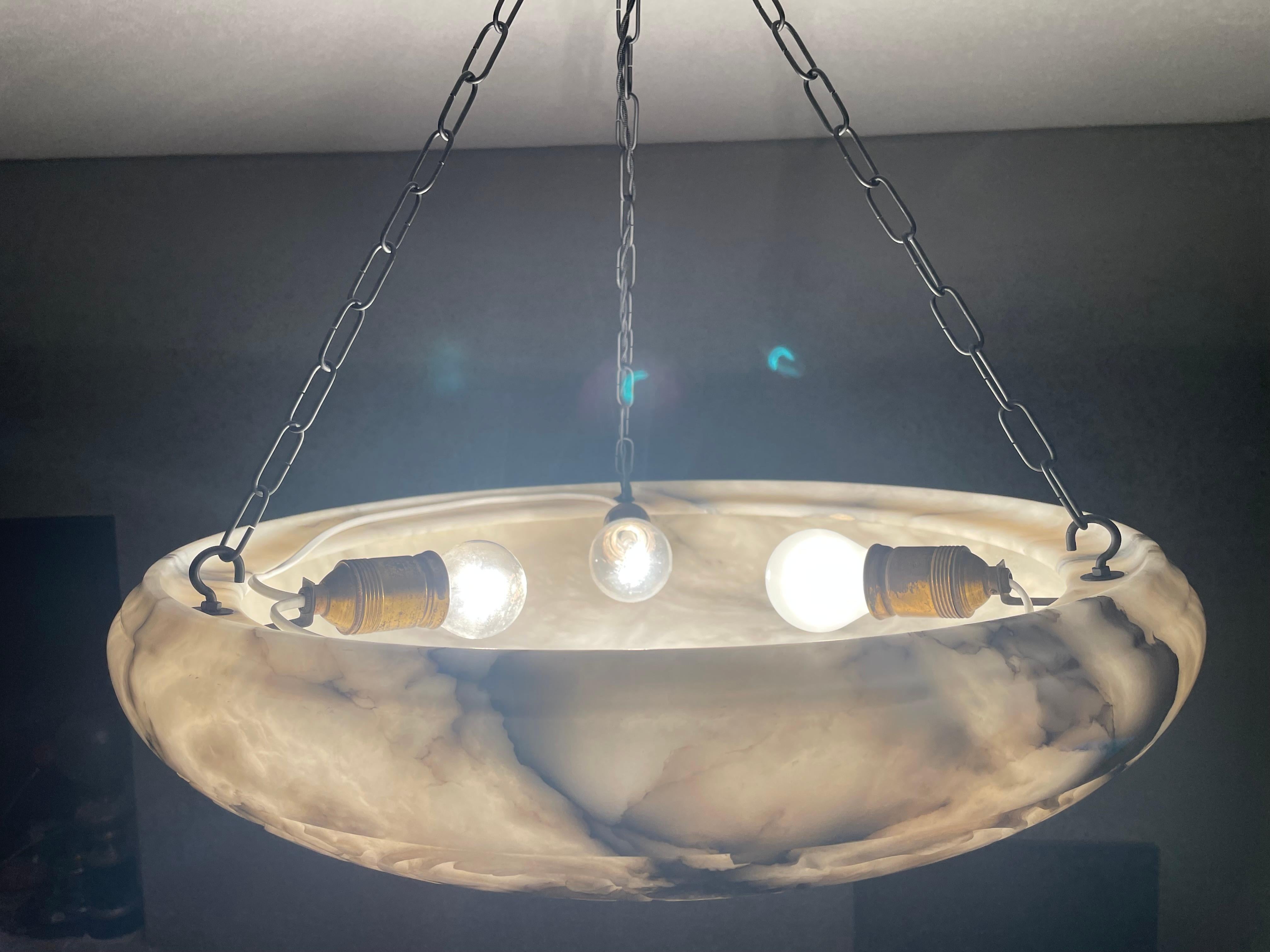 Italian Extra Large & Awesome White Alabaster & Black Veins Pendant / Flush Mount, 1910 For Sale