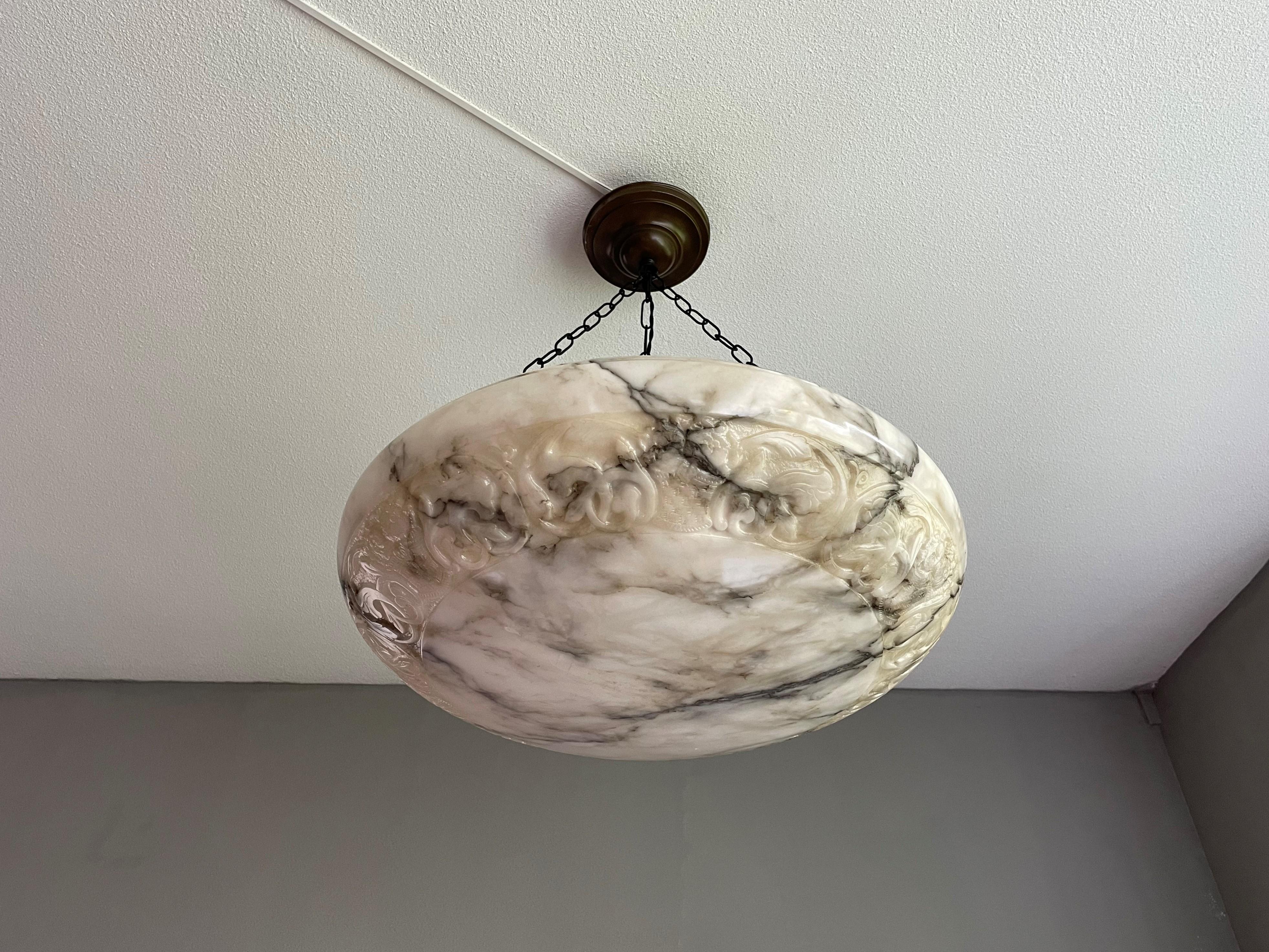 Extra Large & Awesome White Alabaster & Black Veins Pendant / Flush Mount, 1910 In Excellent Condition For Sale In Lisse, NL