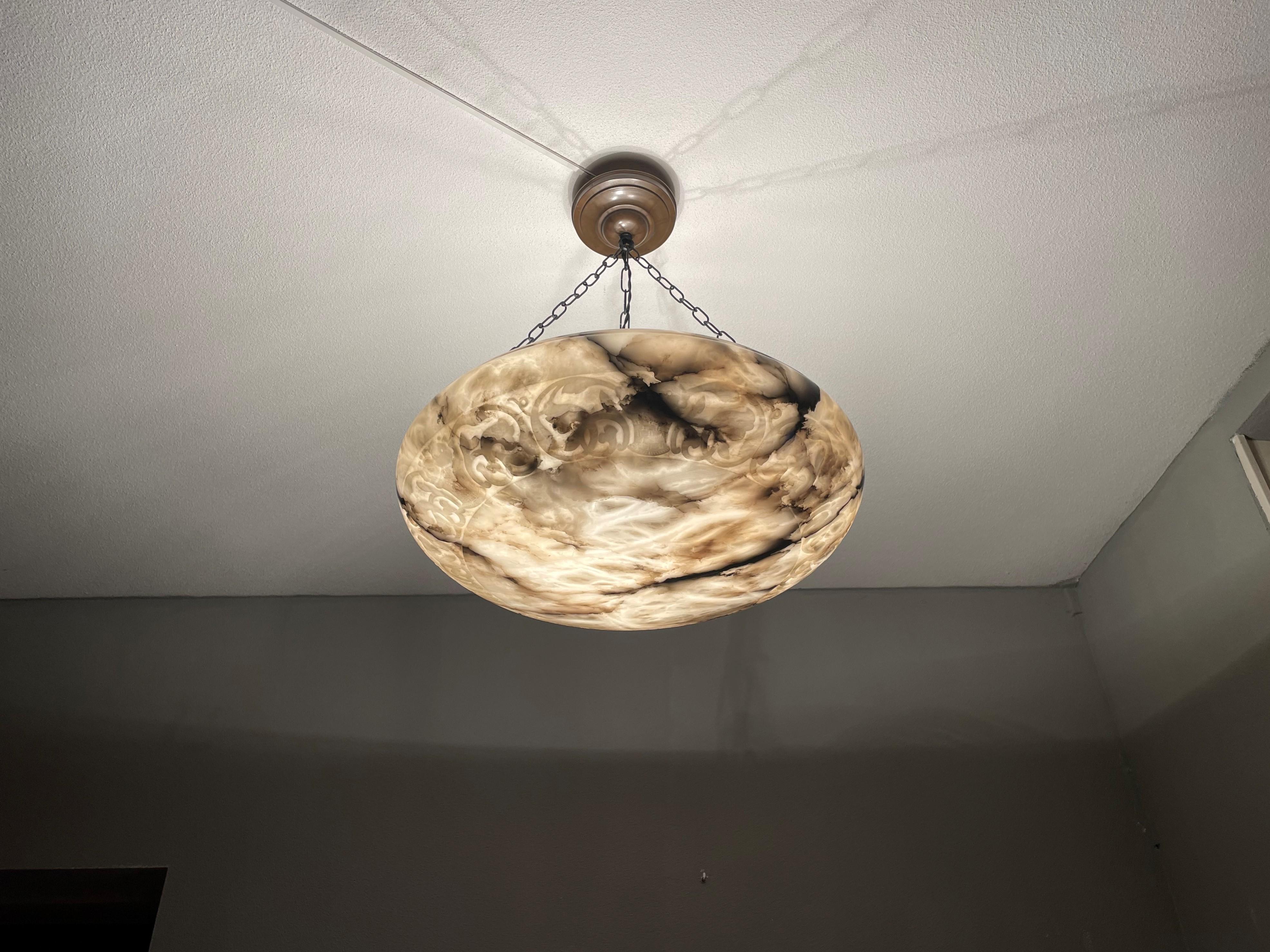 20th Century Extra Large & Awesome White Alabaster & Black Veins Pendant / Flush Mount, 1910 For Sale