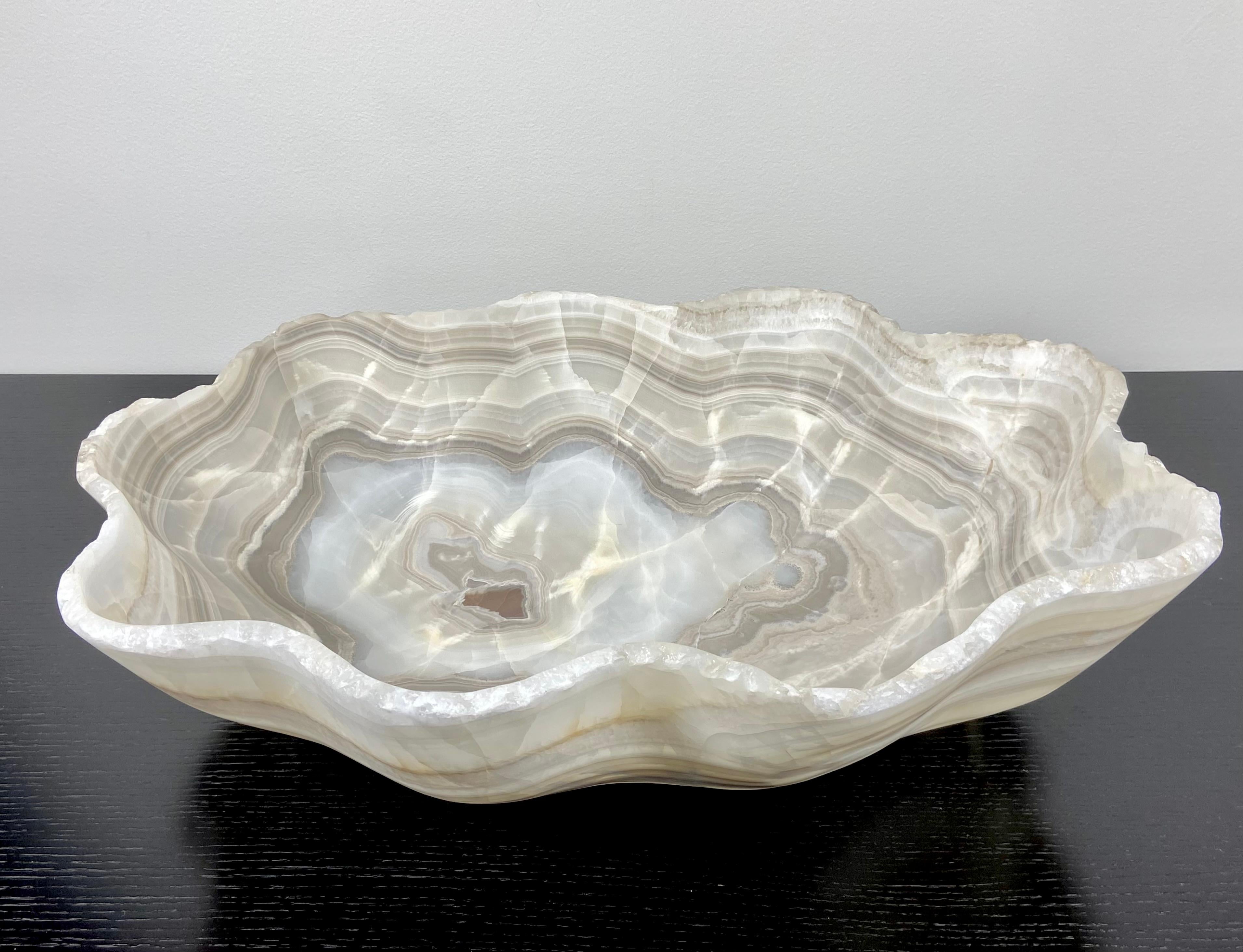 Hand-Carved Extra Large Banded White & Grey Onyx Bowl