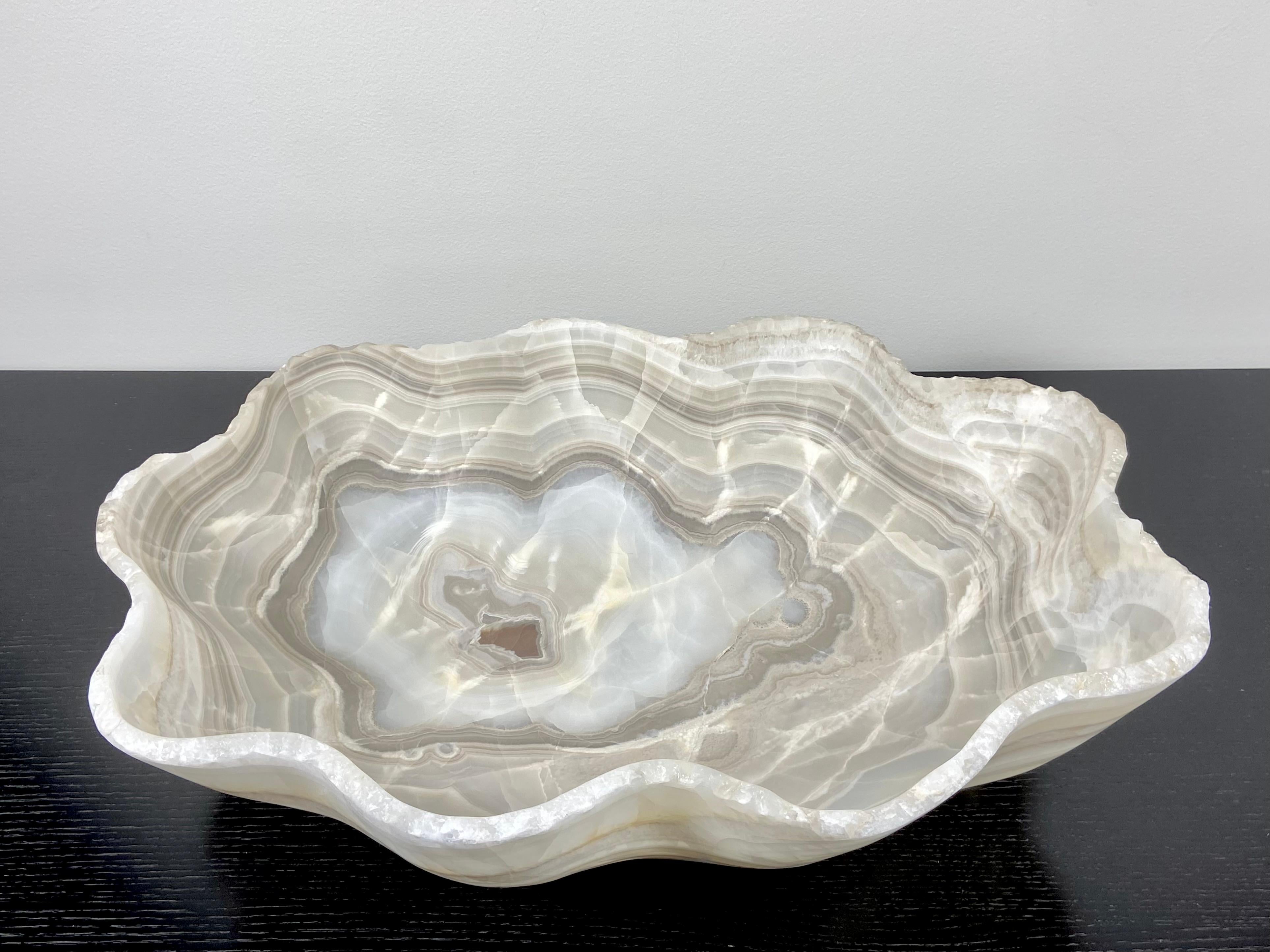 Extra Large Banded White & Grey Onyx Bowl In New Condition In Norwalk, CT