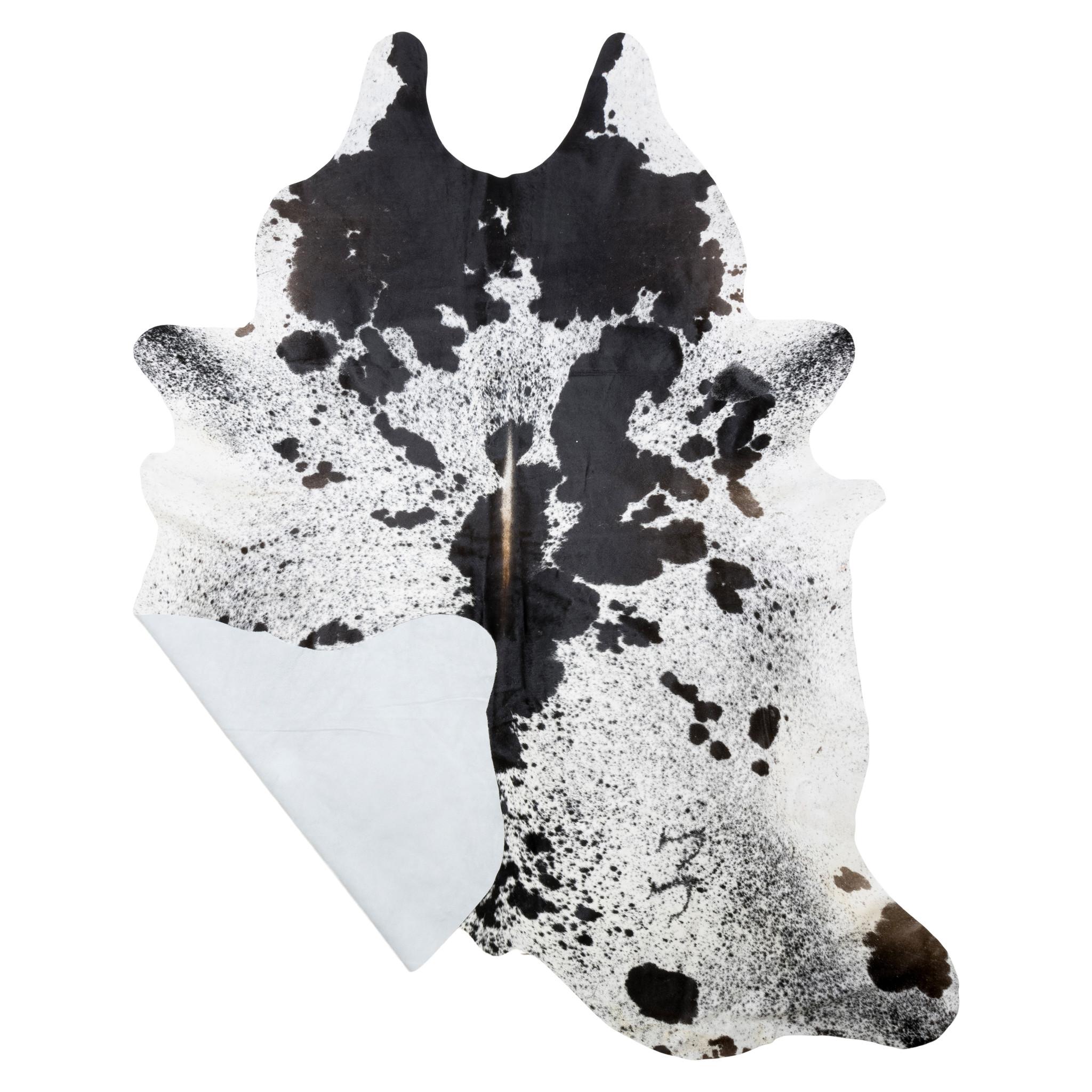 Peau de longhorn mouchetée et tachetée de noir et de blanc. Contemporain. Whiting est de couleur blanche avec des taches noires éparses sur le corps et de grandes taches noires sur le dos et les épaules. Can est idéal pour un tapis ou une exposition