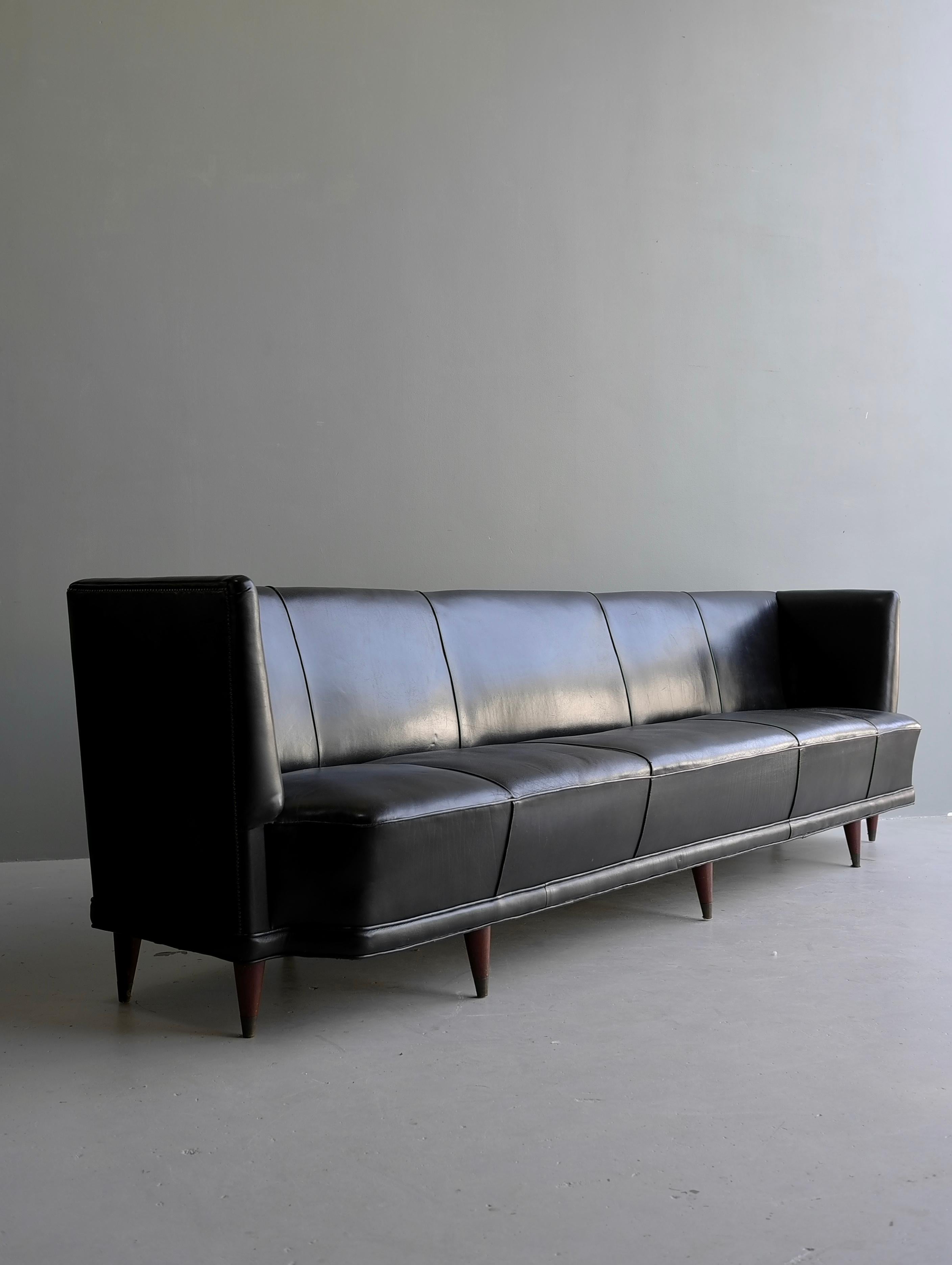Extra Large Black Leather Cabinet Maker Italian Sofa 1950's For Sale 6