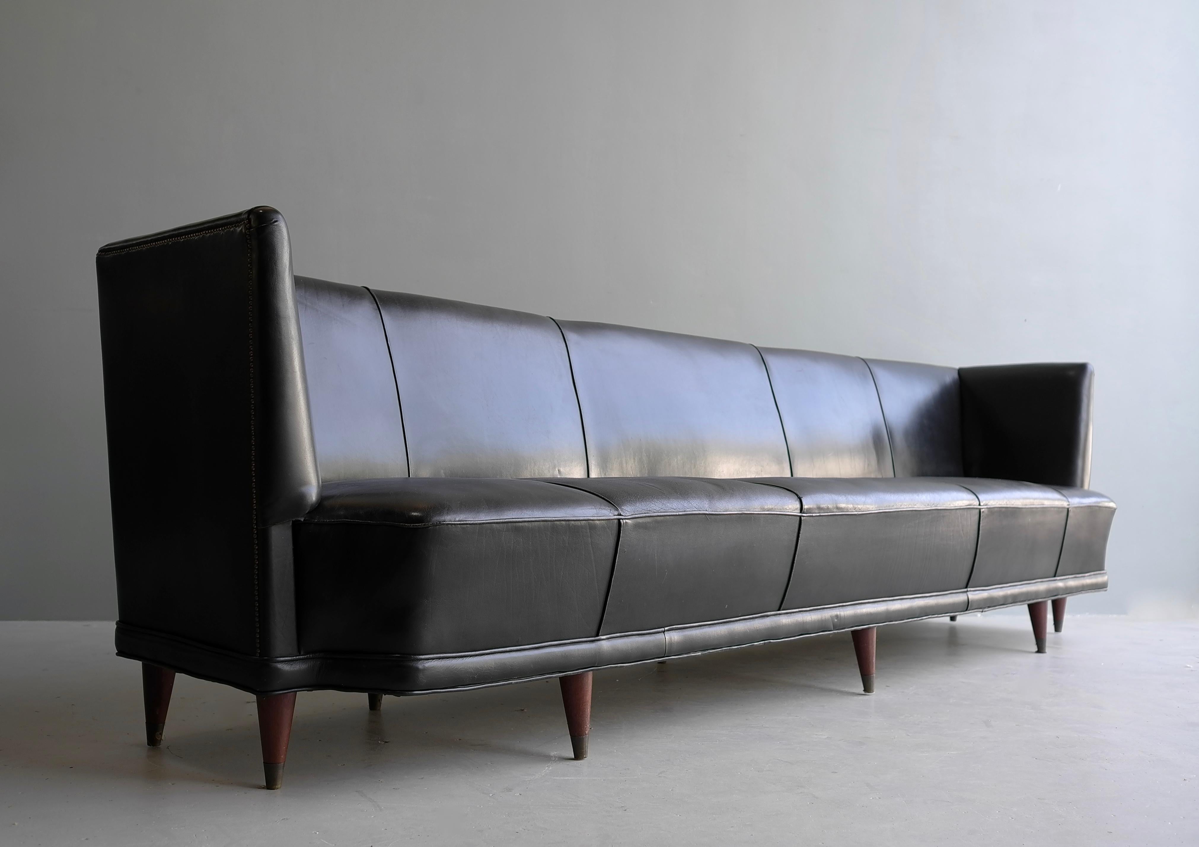 Extra Large Black Leather Cabinet Maker Italian Sofa 1950's For Sale 7