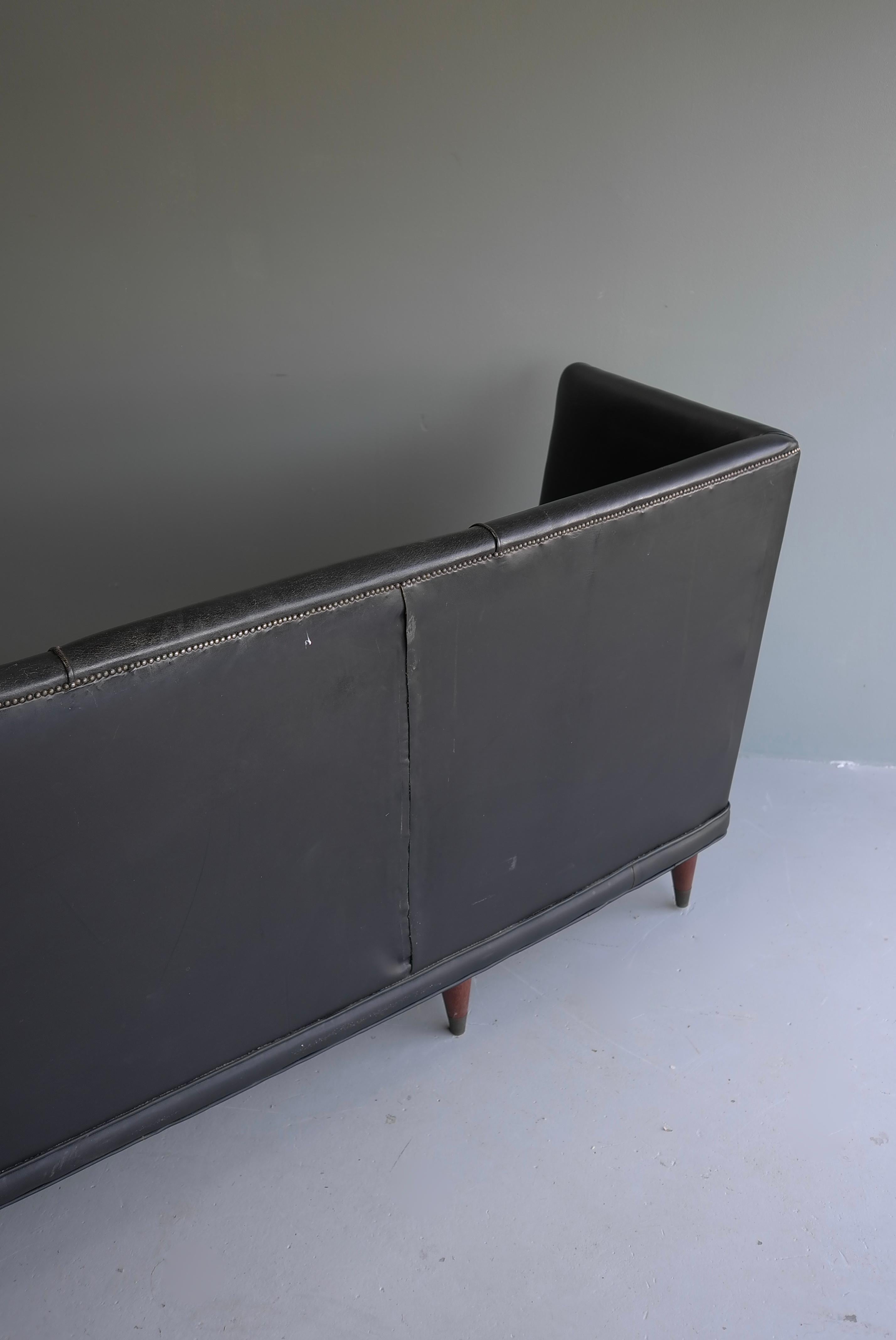 Extra Large Black Leather Cabinet Maker Italian Sofa 1950's For Sale 9