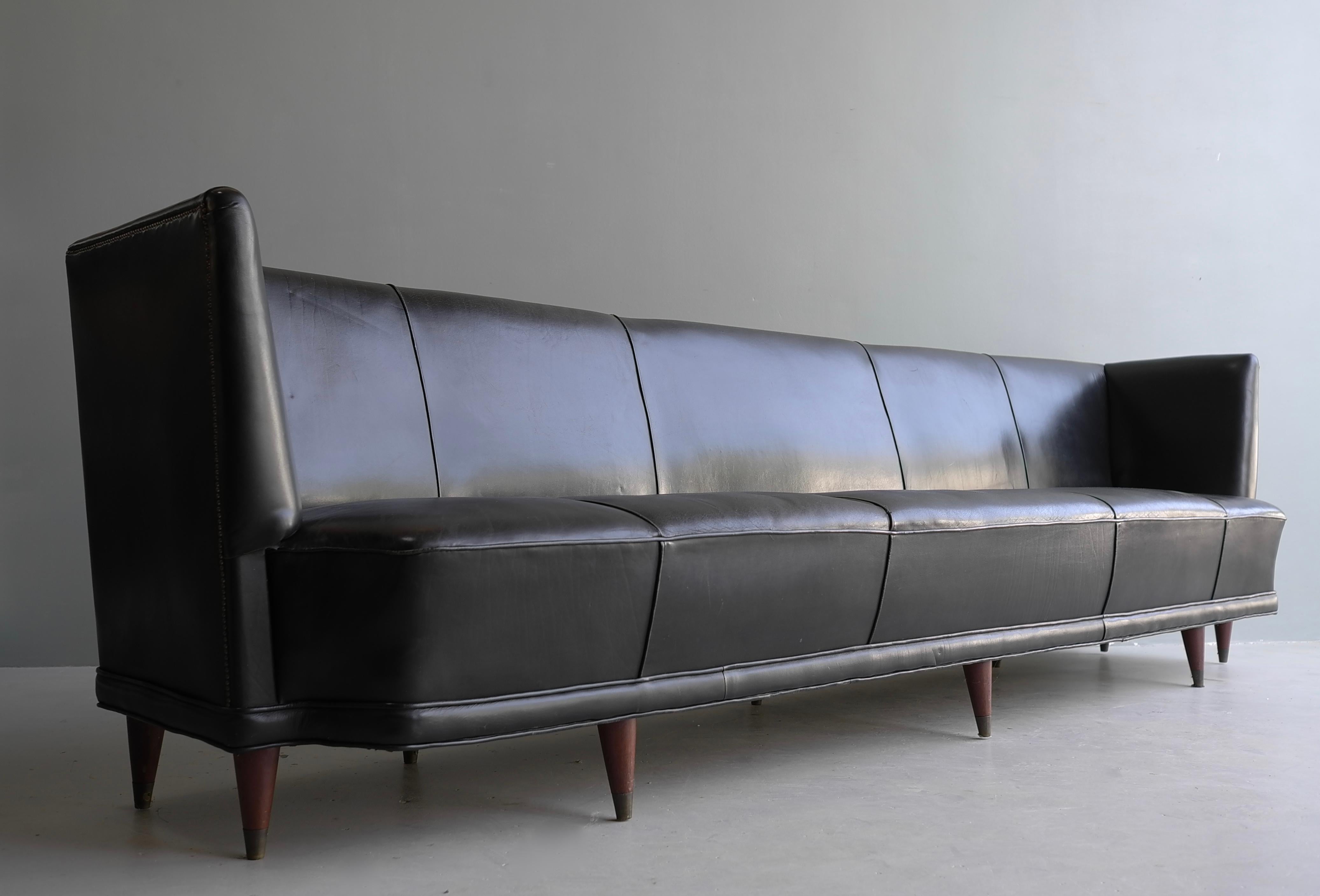 Mid-Century Modern Extra Large Black Leather Cabinet Maker Italian Sofa 1950's For Sale