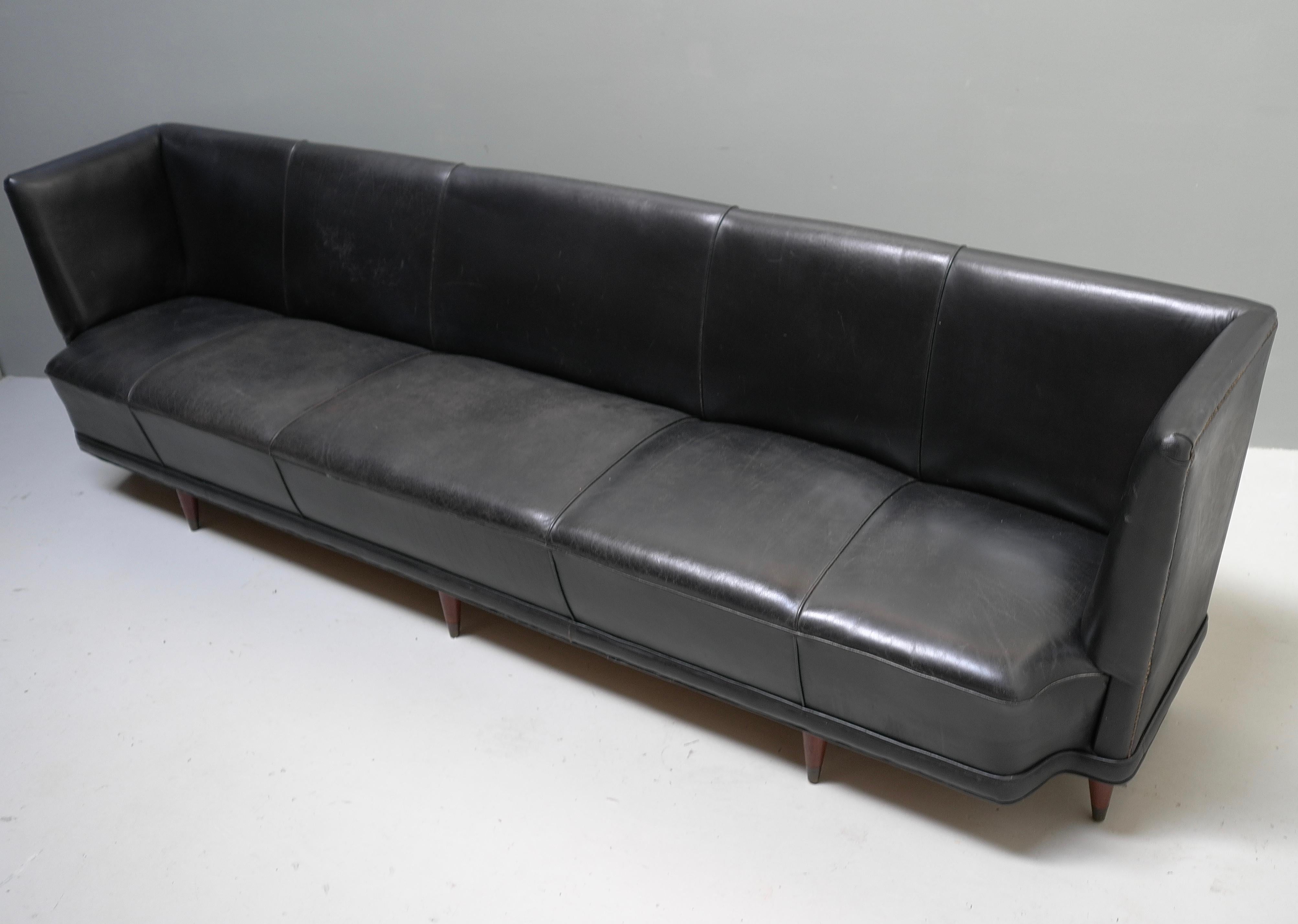 Brass Extra Large Black Leather Cabinet Maker Italian Sofa 1950's For Sale