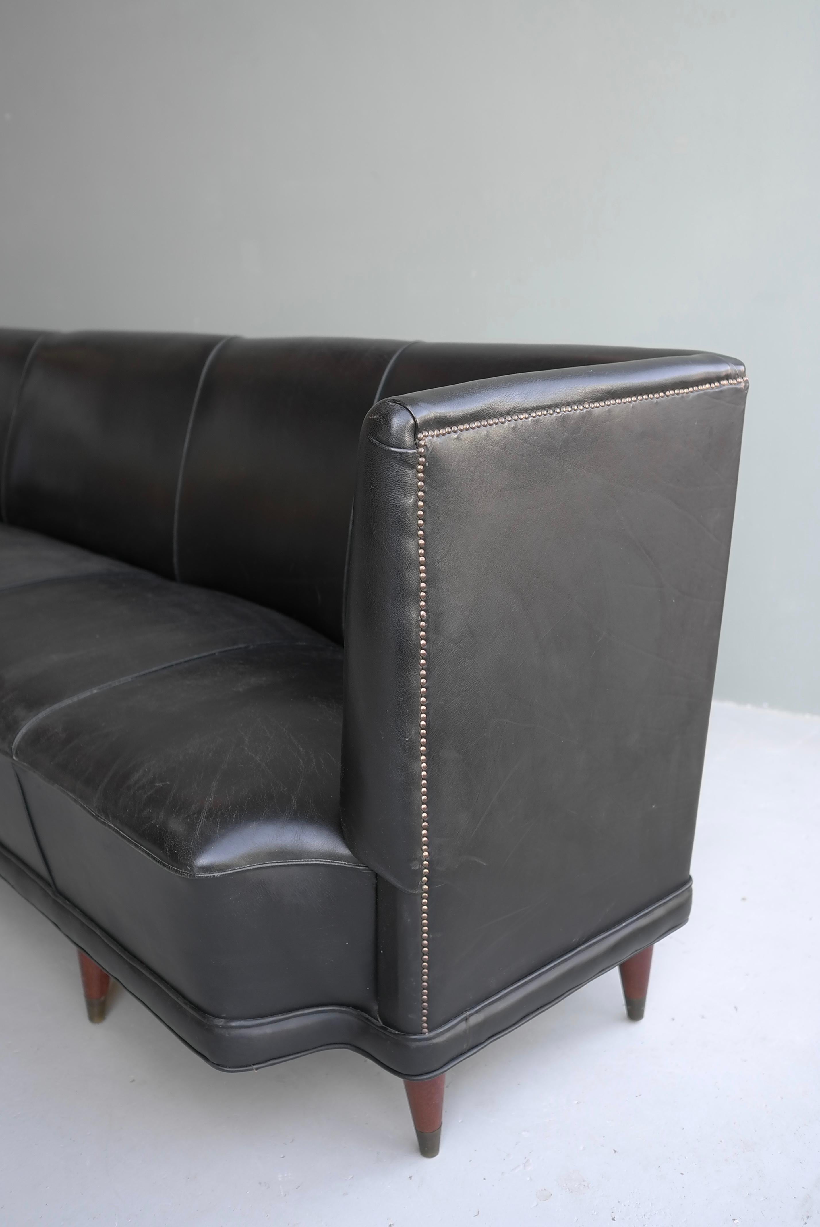 Extra Large Black Leather Cabinet Maker Italian Sofa 1950's For Sale 1