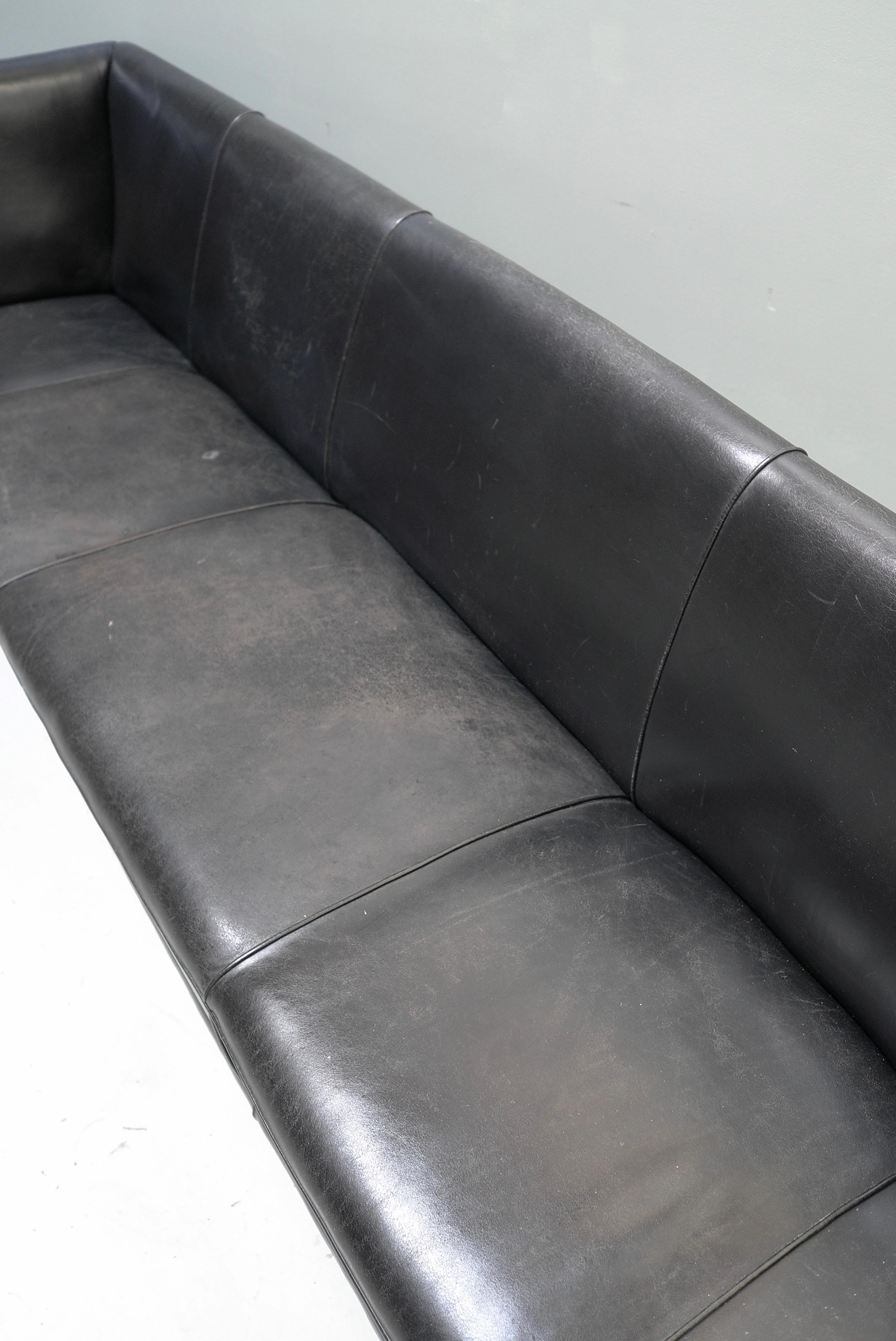 Extra Large Black Leather Cabinet Maker Italian Sofa 1950's For Sale 2