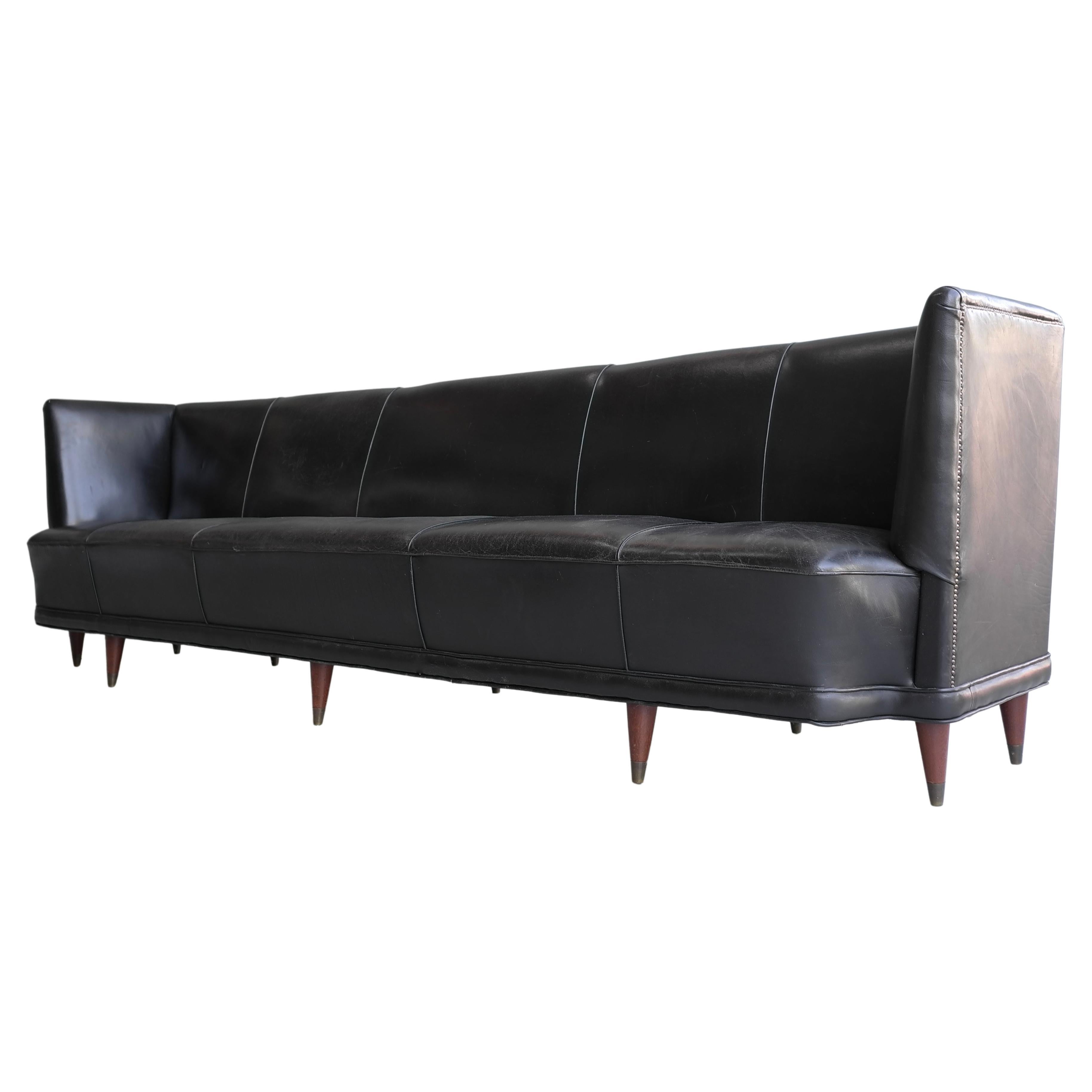 Extra Large Black Leather Cabinet Maker Italian Sofa 1950's For Sale