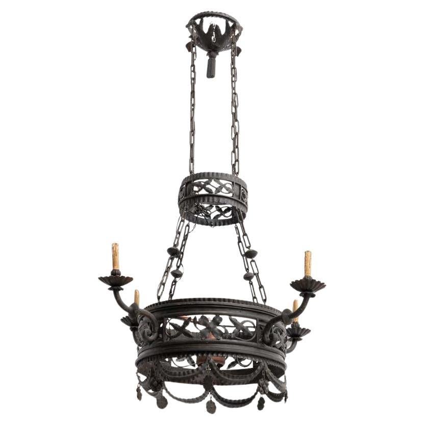 Extra Large Black Sculptural French Metal Ceiling Lamp circa 1930 For Sale