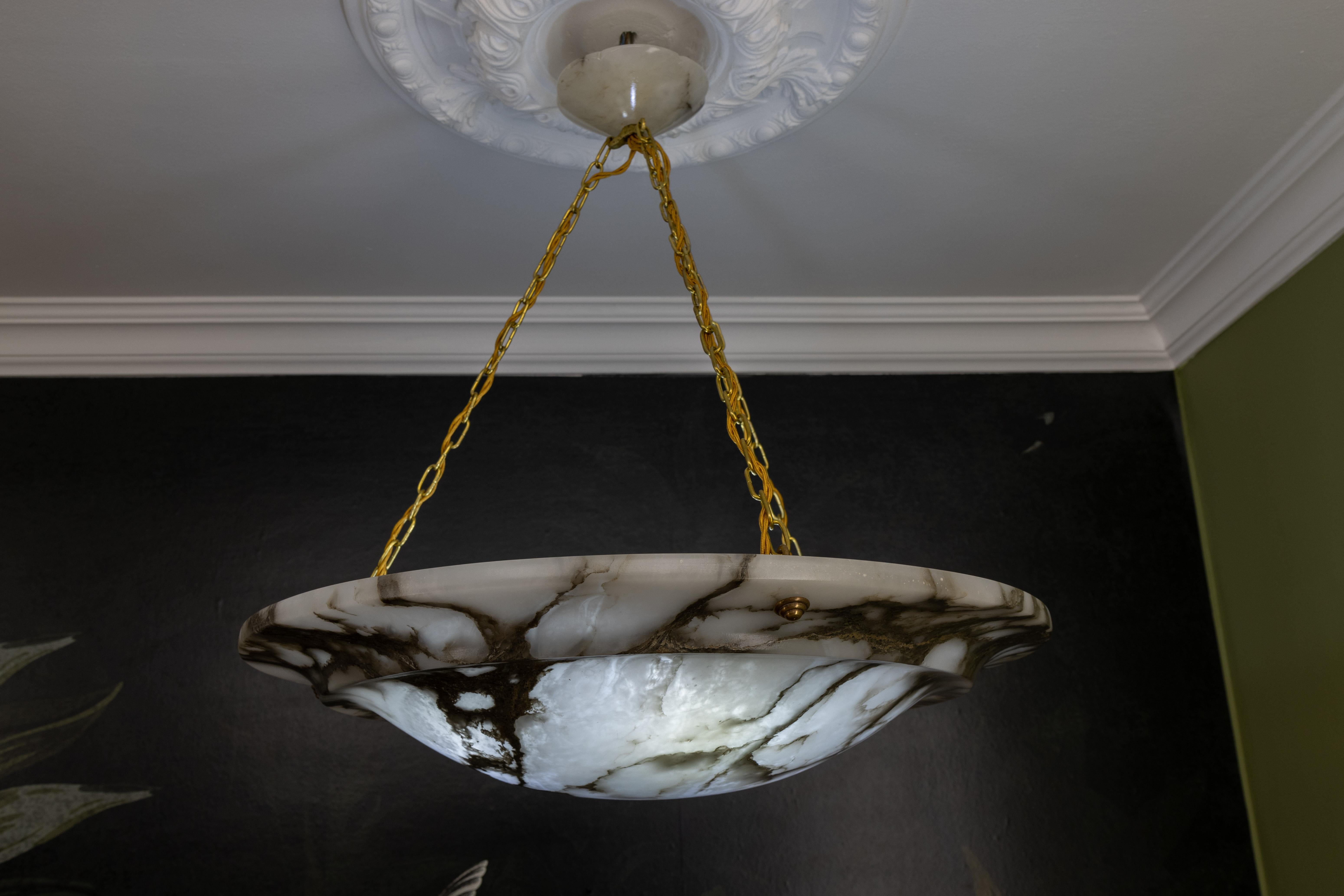 Extra Large Black Veined White Alabaster and Brass Pendant Chandelier, ca. 1920 For Sale 3