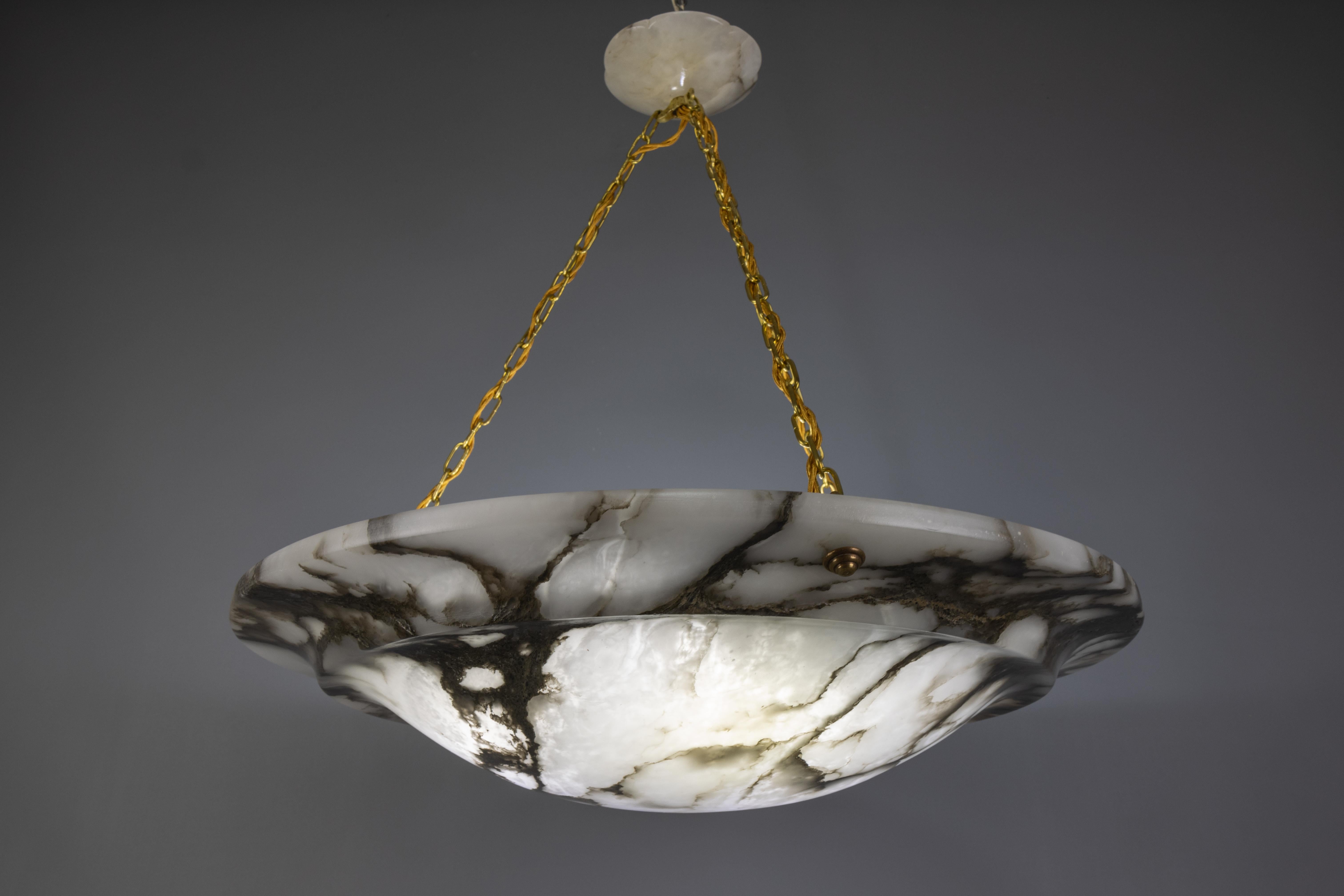 Extra Large Black Veined White Alabaster and Brass Pendant Chandelier, ca. 1920 For Sale 4