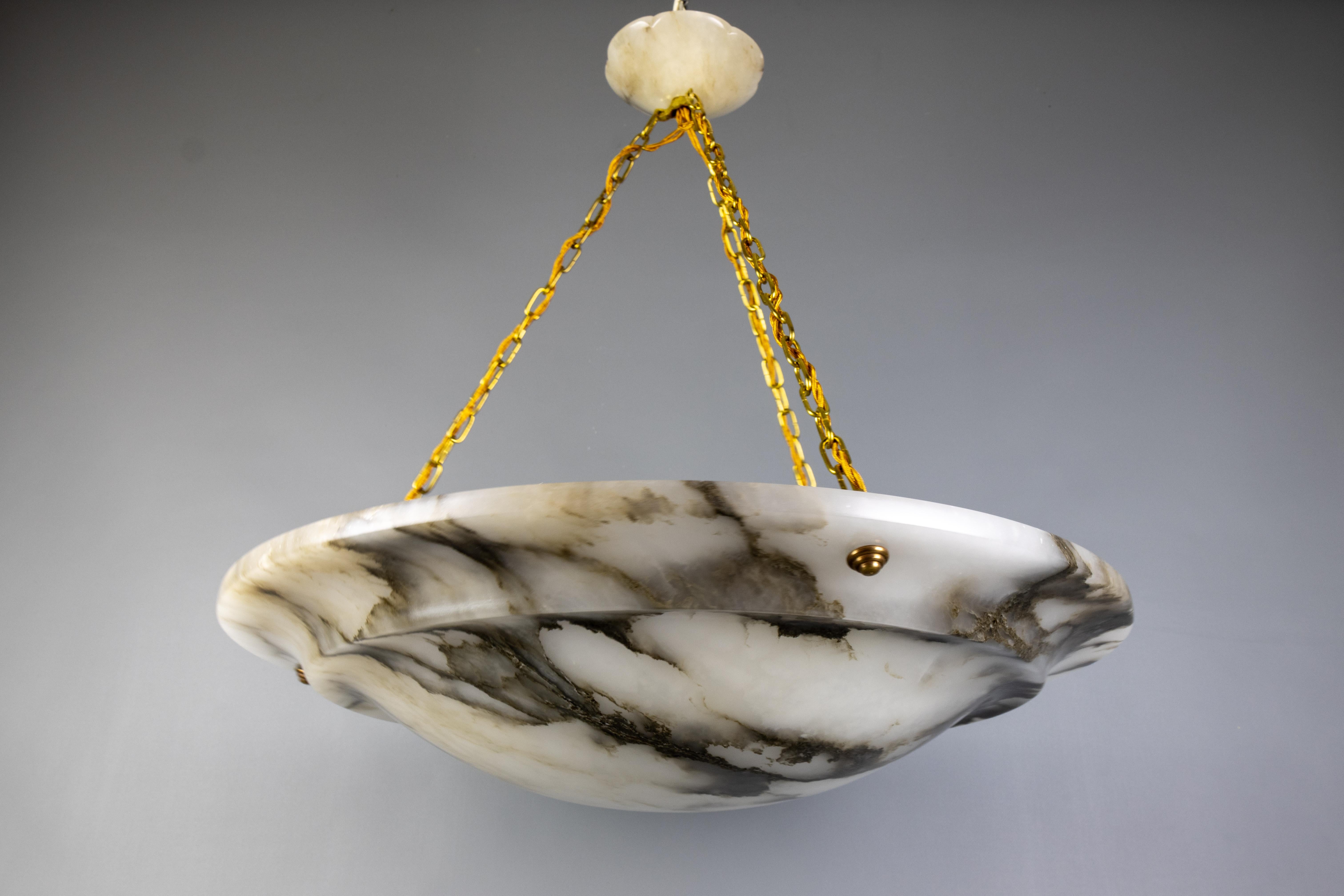 Extra Large Black Veined White Alabaster and Brass Pendant Chandelier, ca. 1920 For Sale 5
