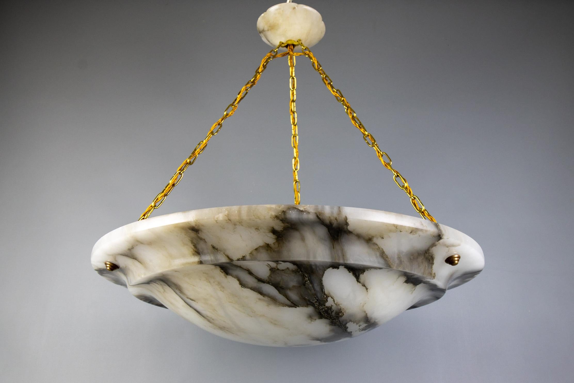 Extra Large Black Veined White Alabaster and Brass Pendant Chandelier, ca. 1920 For Sale 6