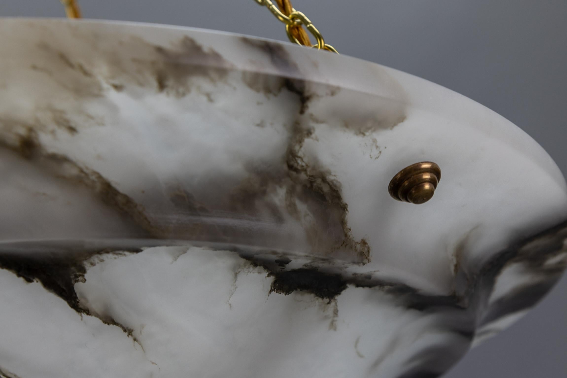 Extra Large Black Veined White Alabaster and Brass Pendant Chandelier, ca. 1920 For Sale 7