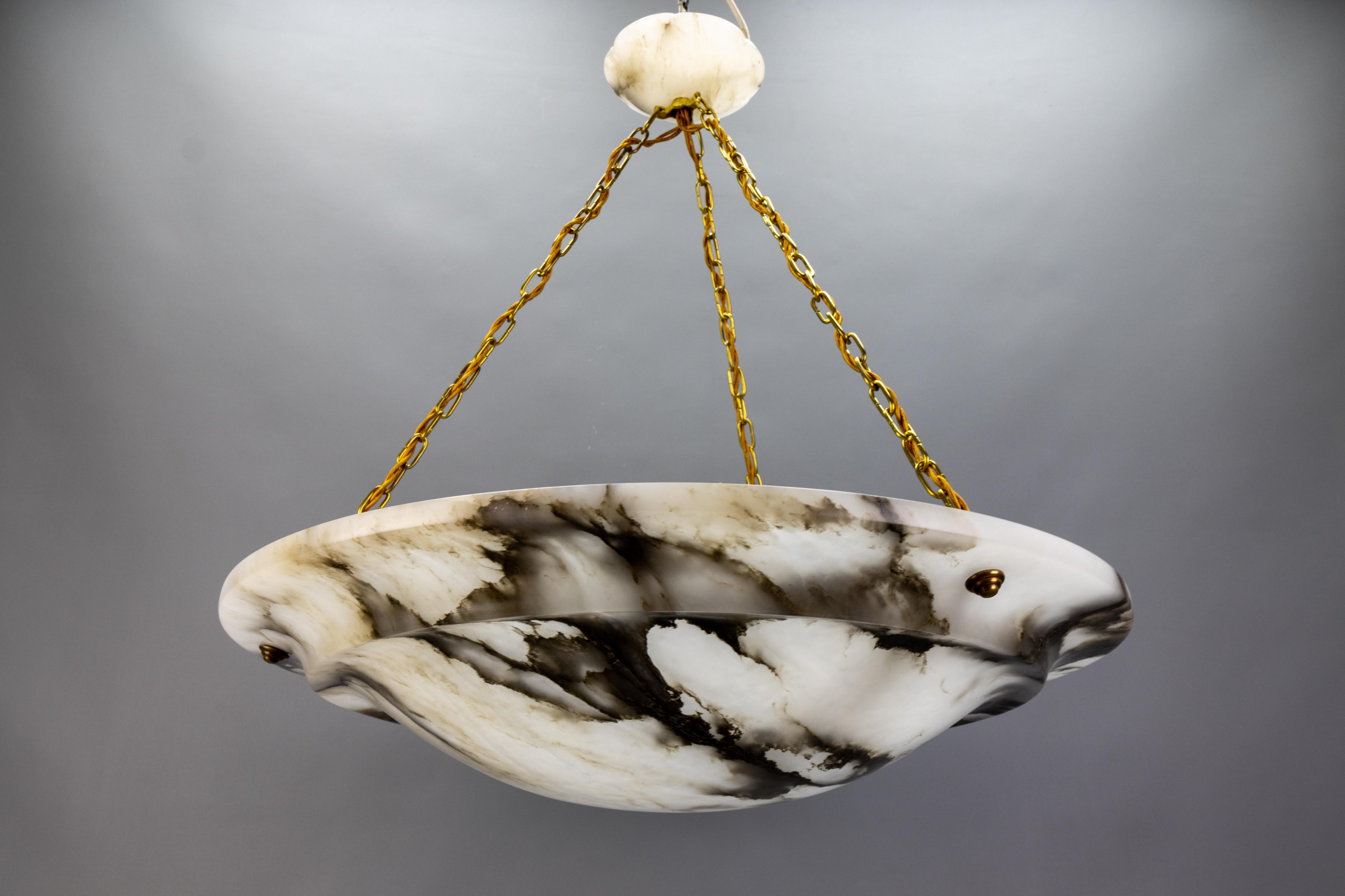 Extra Large Black Veined White Alabaster and Brass Pendant Chandelier, ca. 1920 For Sale 9