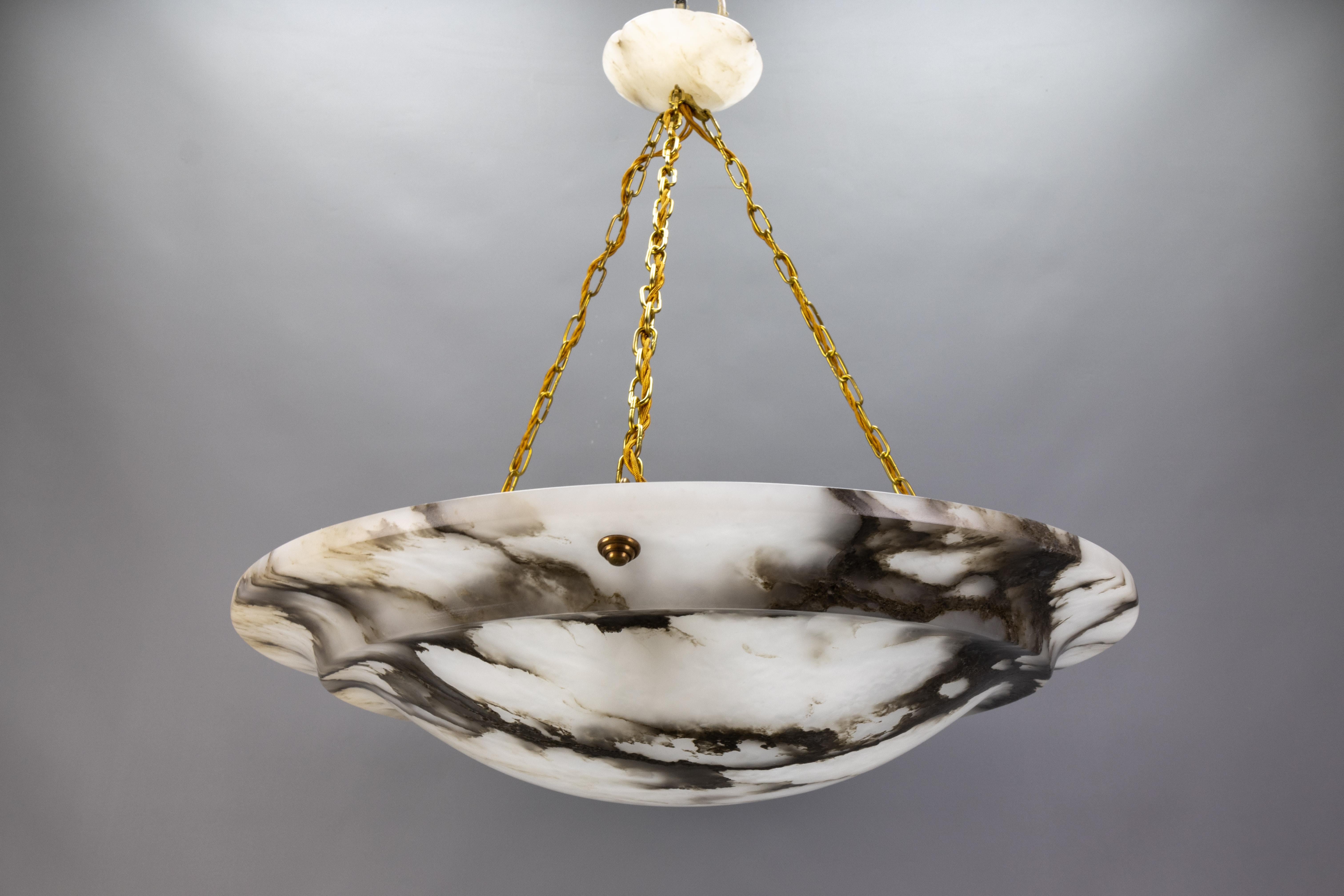 Extra Large Black Veined White Alabaster and Brass Pendant Chandelier, ca. 1920 For Sale 10