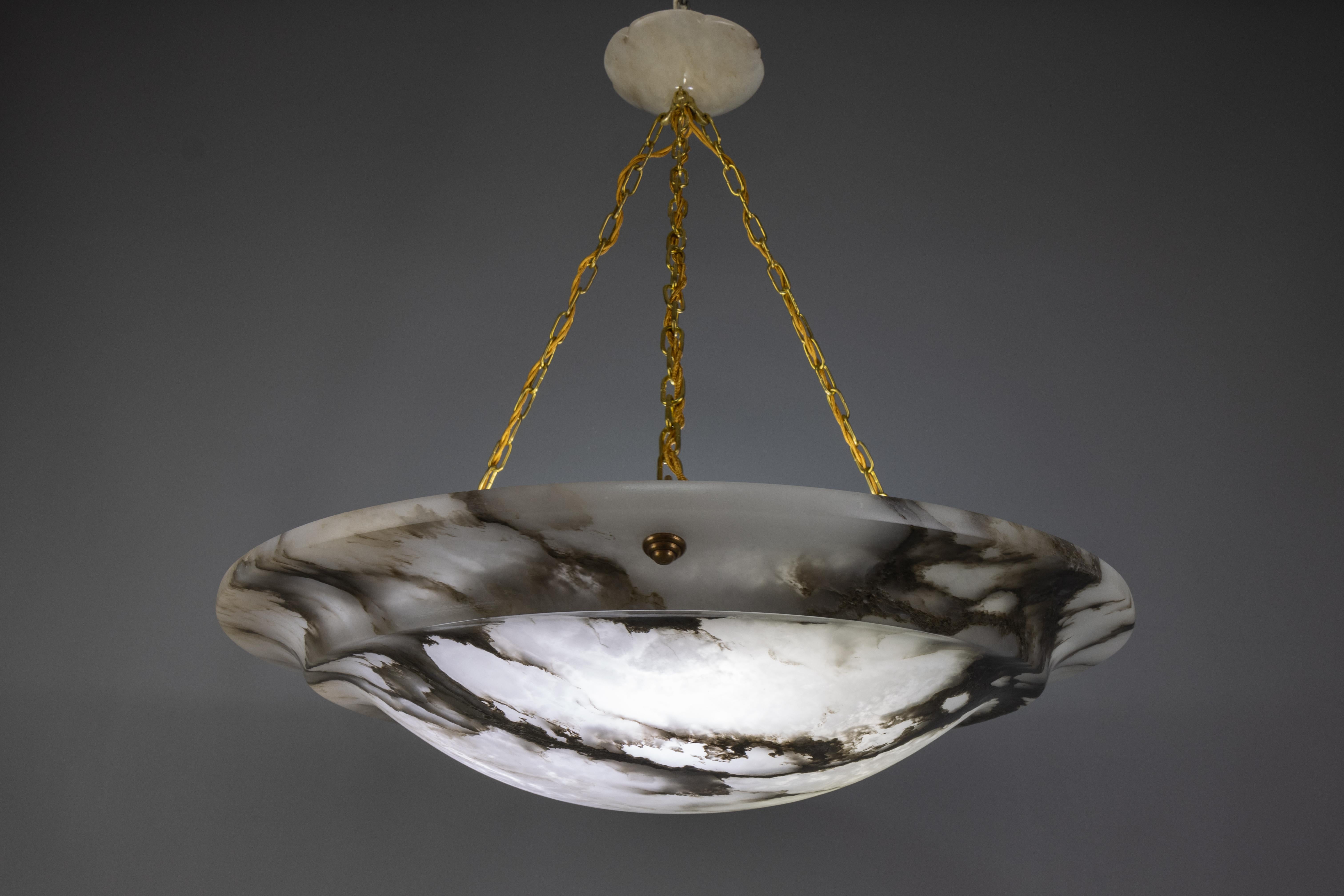 Extra Large Black Veined White Alabaster and Brass Pendant Chandelier, ca. 1920 For Sale 11