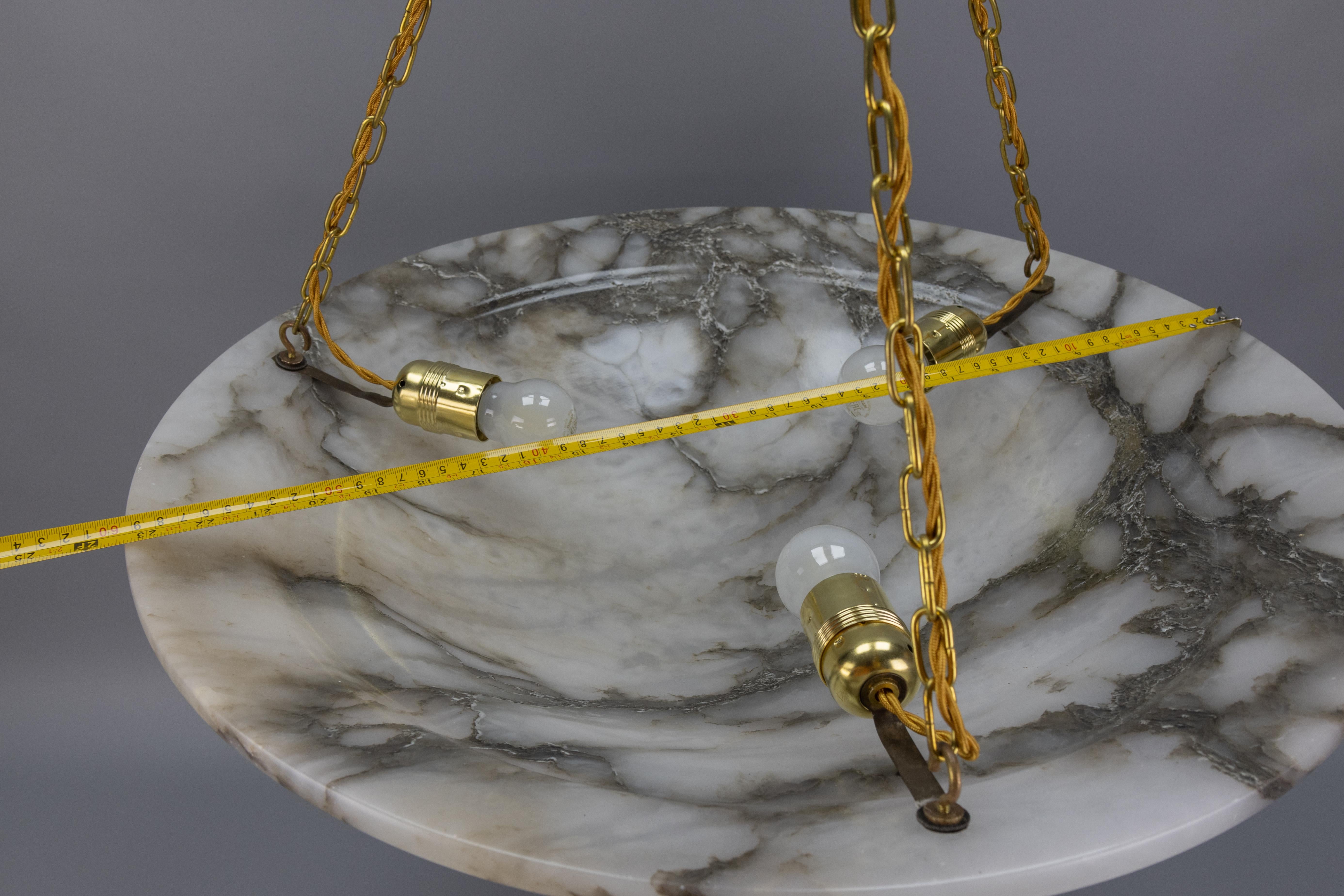 Extra Large Black Veined White Alabaster and Brass Pendant Chandelier, ca. 1920 For Sale 12