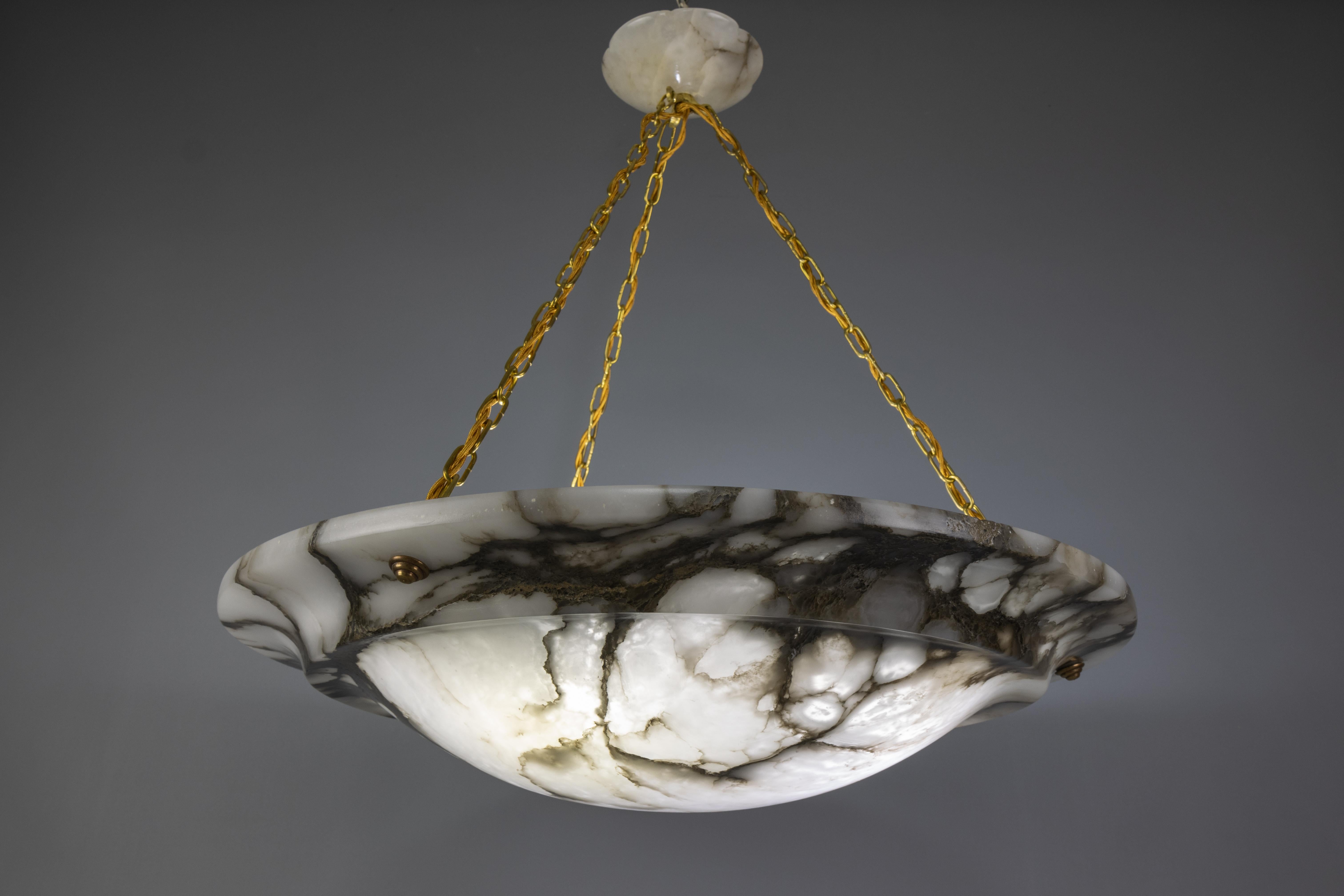 Art Deco Extra Large Black Veined White Alabaster and Brass Pendant Chandelier, ca. 1920 For Sale