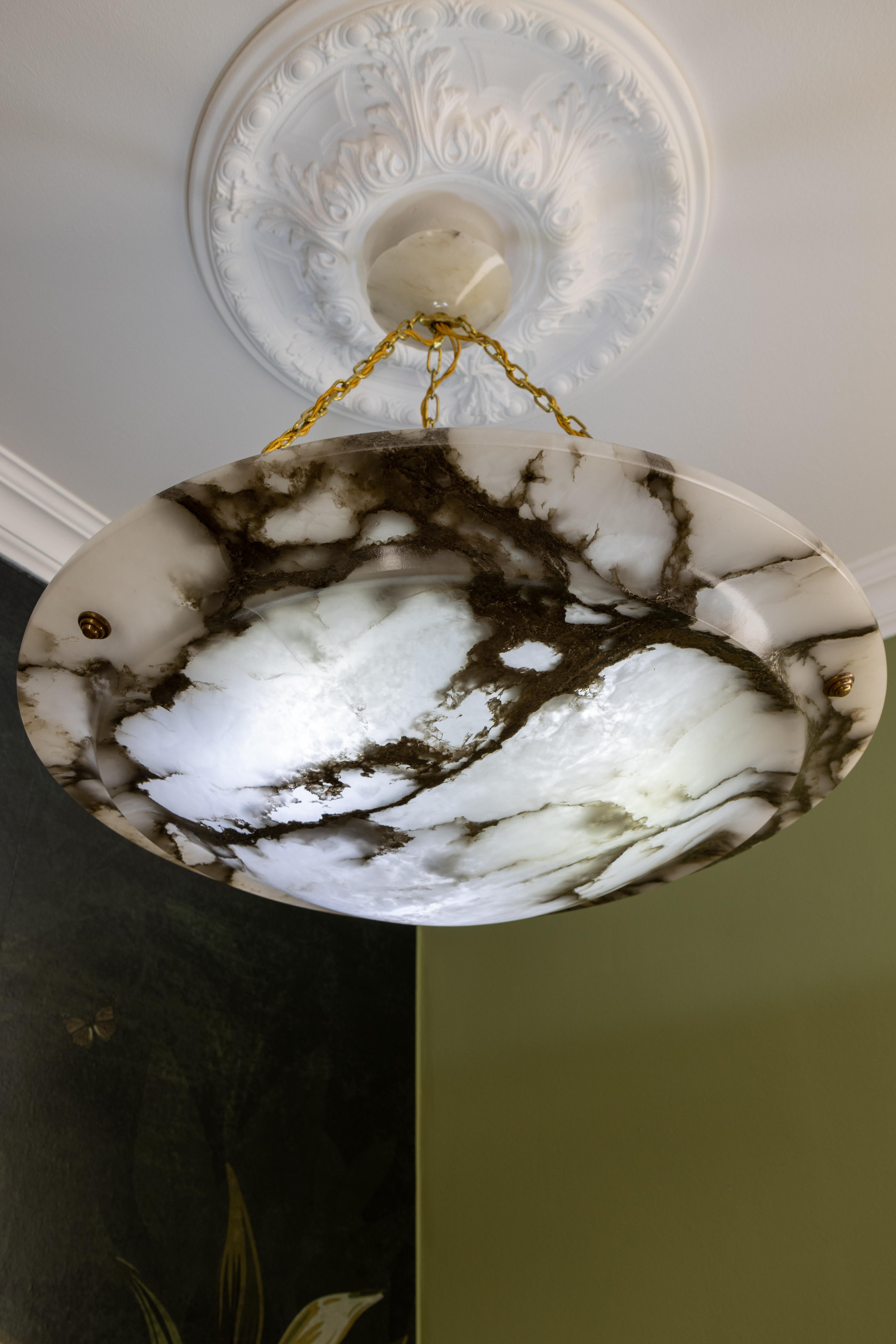 French Extra Large Black Veined White Alabaster and Brass Pendant Chandelier, ca. 1920 For Sale