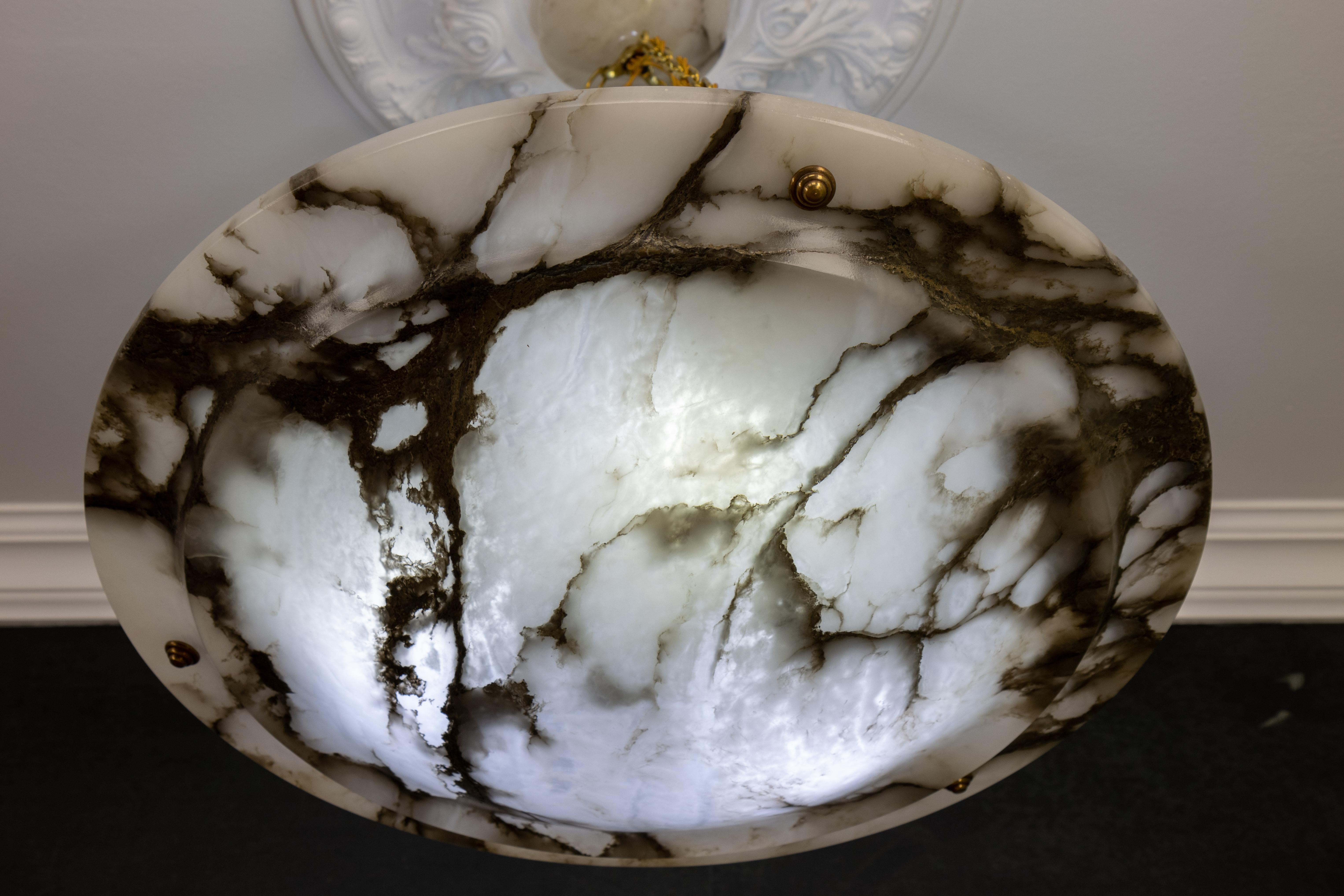 Extra Large Black Veined White Alabaster and Brass Pendant Chandelier, ca. 1920 In Good Condition For Sale In Barntrup, DE