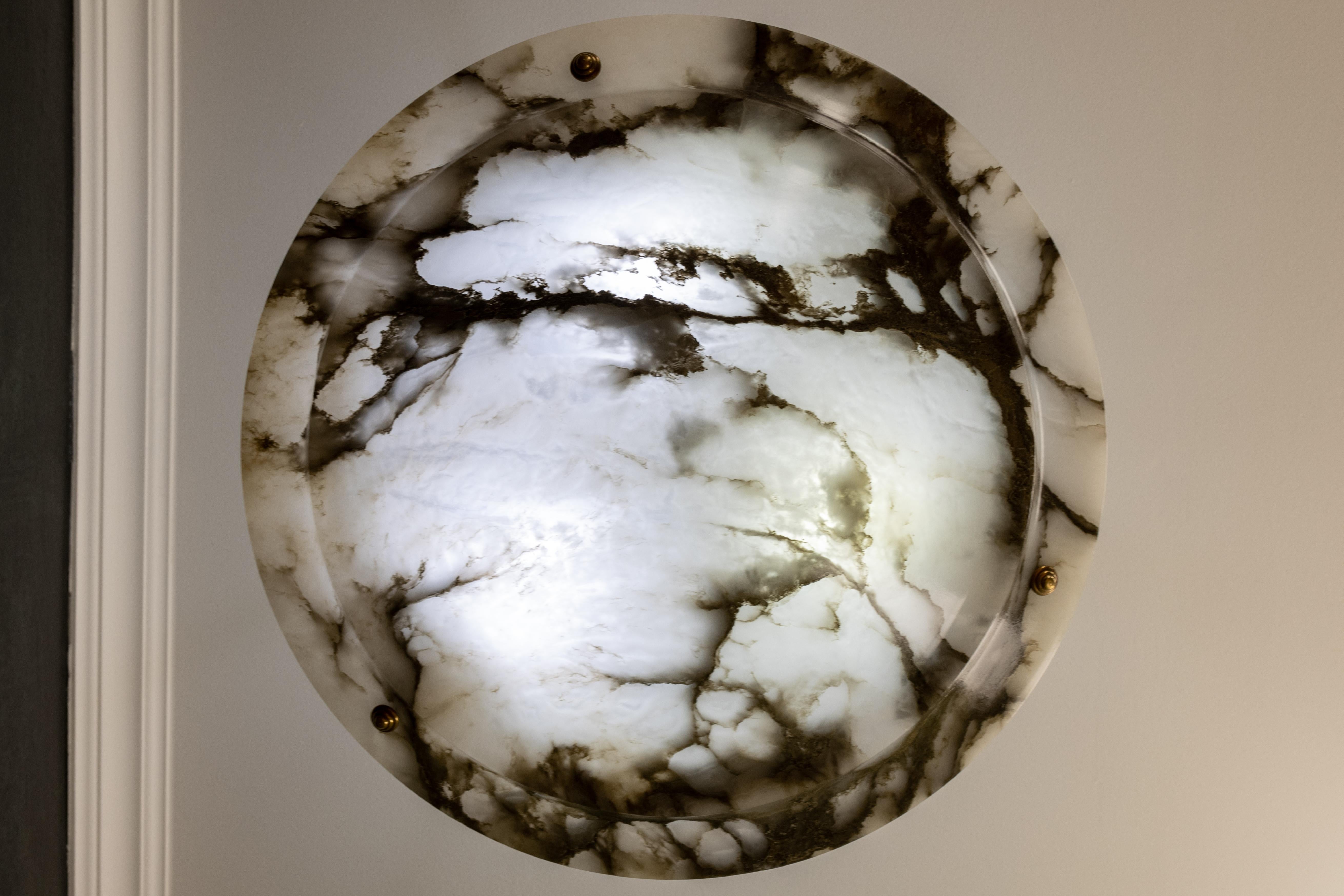 Early 20th Century Extra Large Black Veined White Alabaster and Brass Pendant Chandelier, ca. 1920 For Sale