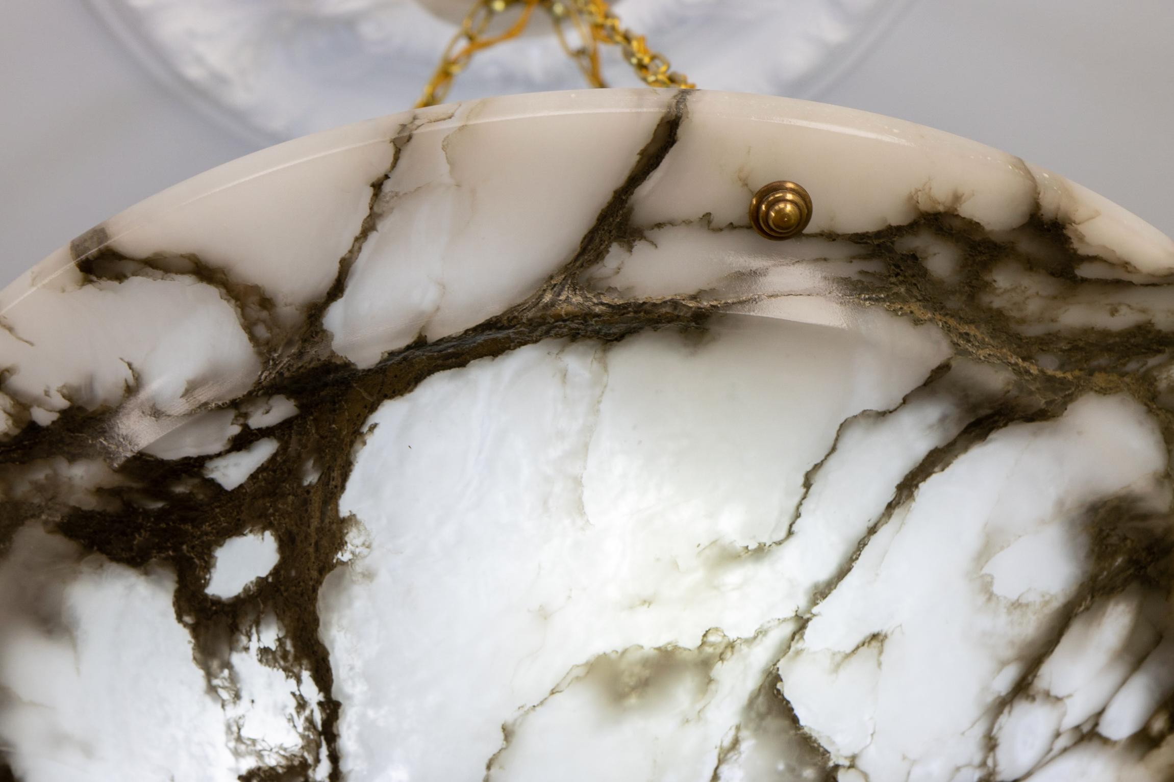 Metal Extra Large Black Veined White Alabaster and Brass Pendant Chandelier, ca. 1920 For Sale