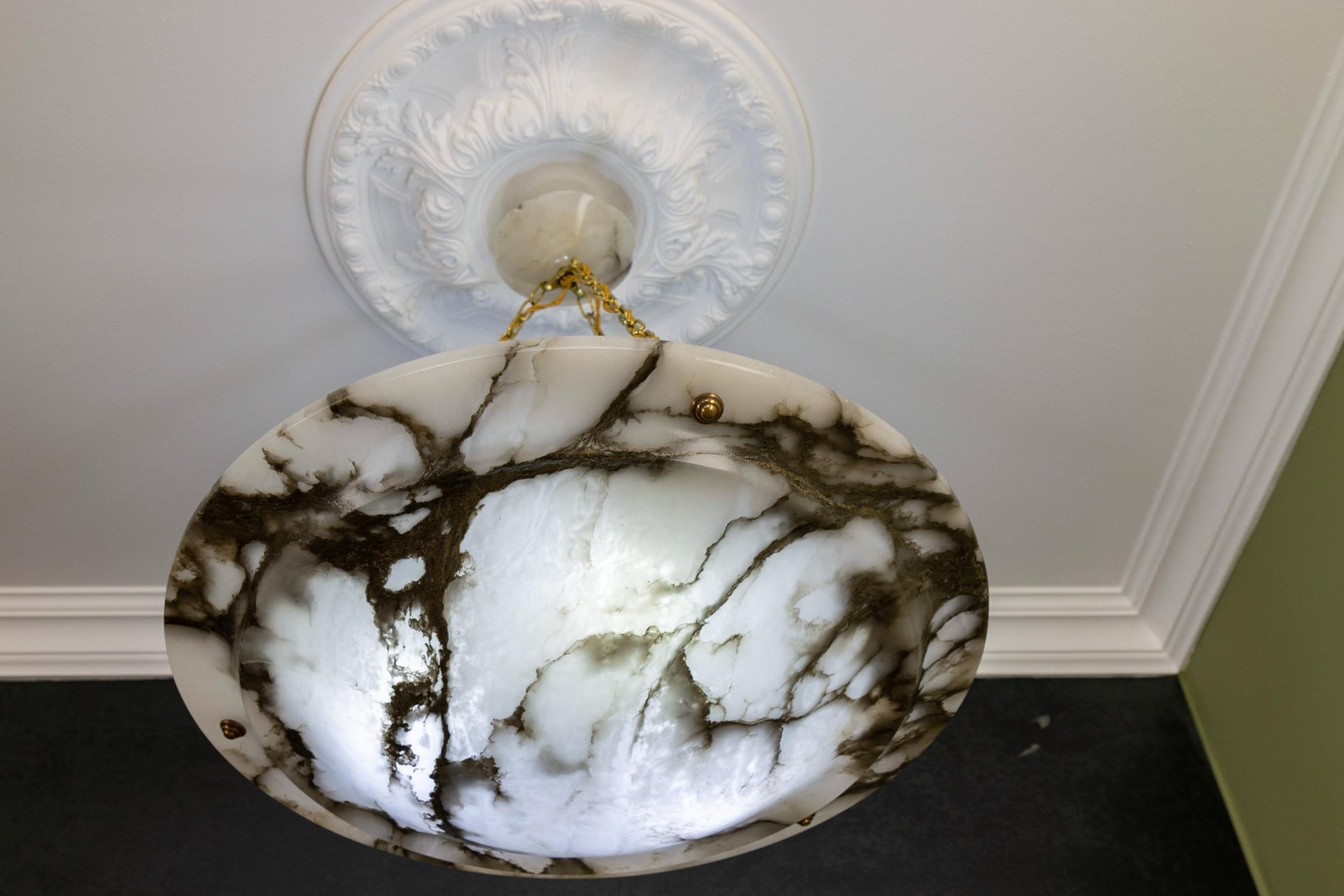 Extra Large Black Veined White Alabaster and Brass Pendant Chandelier, ca. 1920 For Sale 1