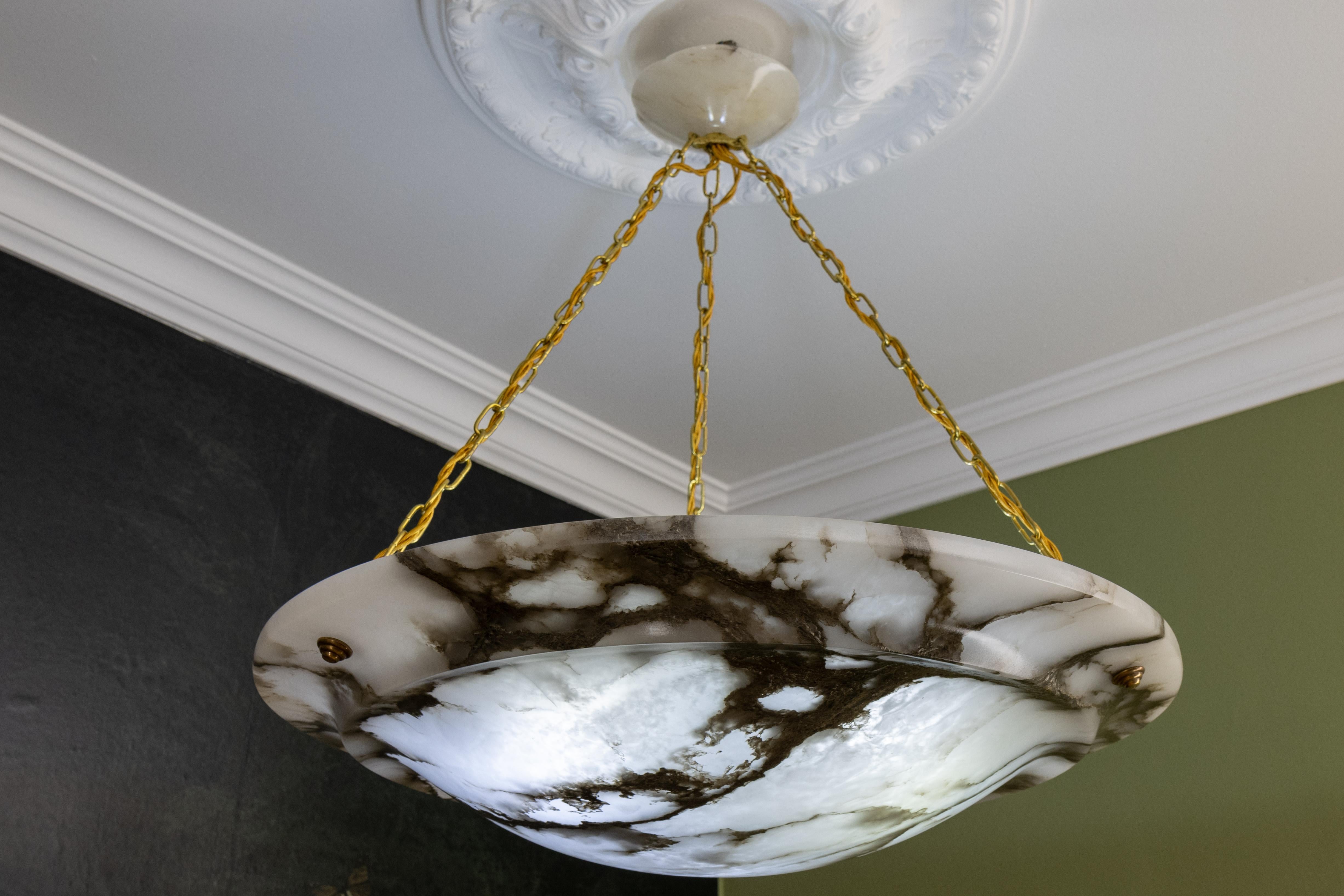 Extra Large Black Veined White Alabaster and Brass Pendant Chandelier, ca. 1920 For Sale 2