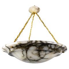 Antique Extra Large Black Veined White Alabaster and Brass Pendant Chandelier, ca. 1920