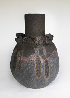 Extra large blue and black stoneware clay volcanic hand-crafted textured vessel
