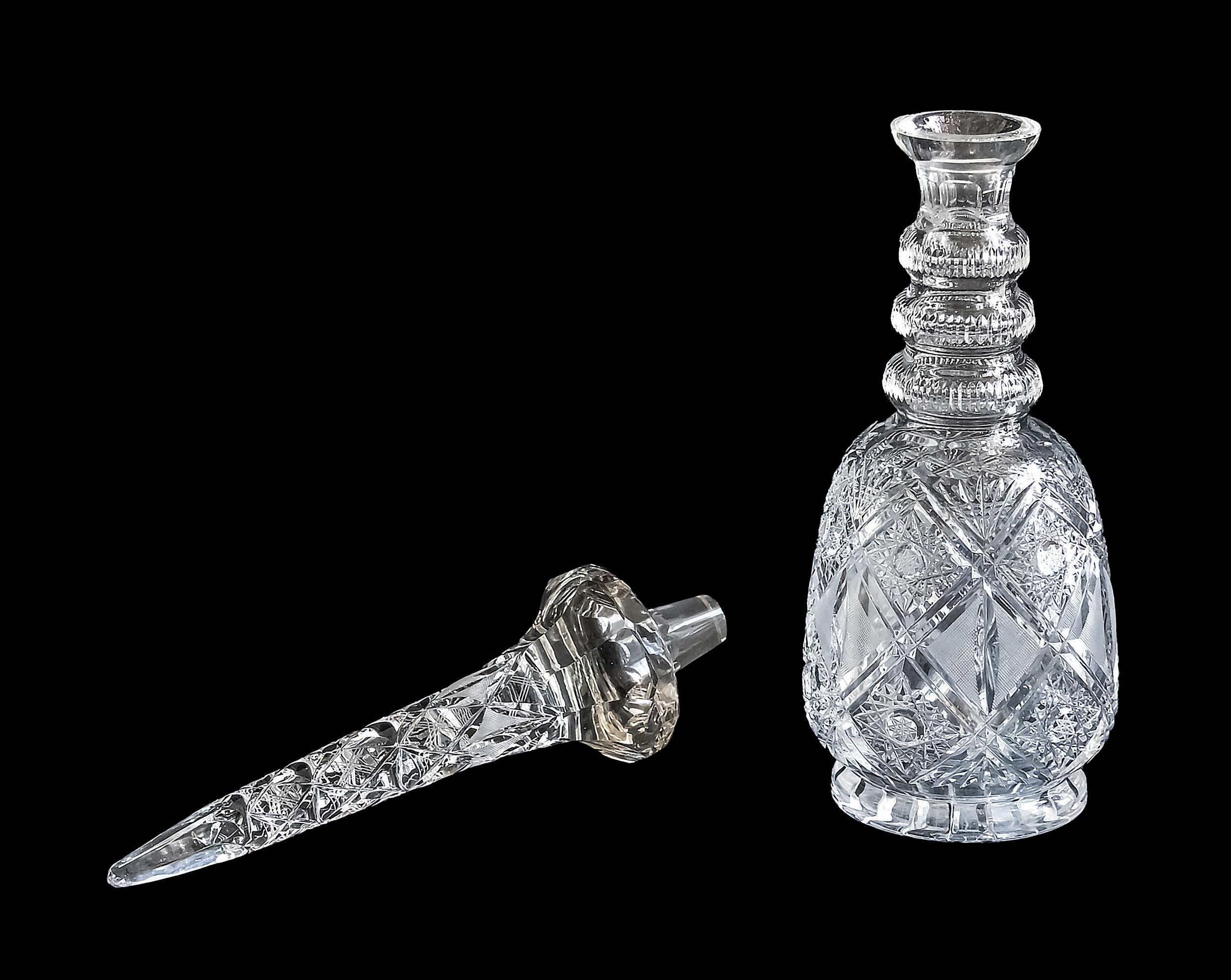 Extra large Bohemian Persian style hand cut crystal decanter.
Excellent vintage condition.