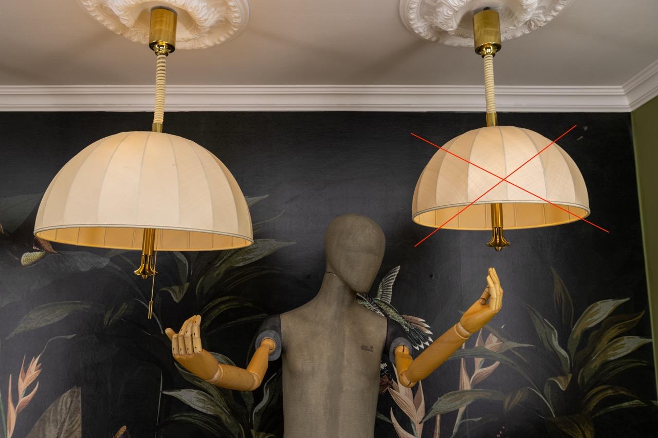 Lampada a sospensione a cinque luci ad altezza regolabile con paralume in ottone e tessuto extra large in vendita 6