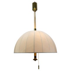 Extra Large Brass and Fabric Lampshade Five-Light Adjustable Height Pendant Lamp