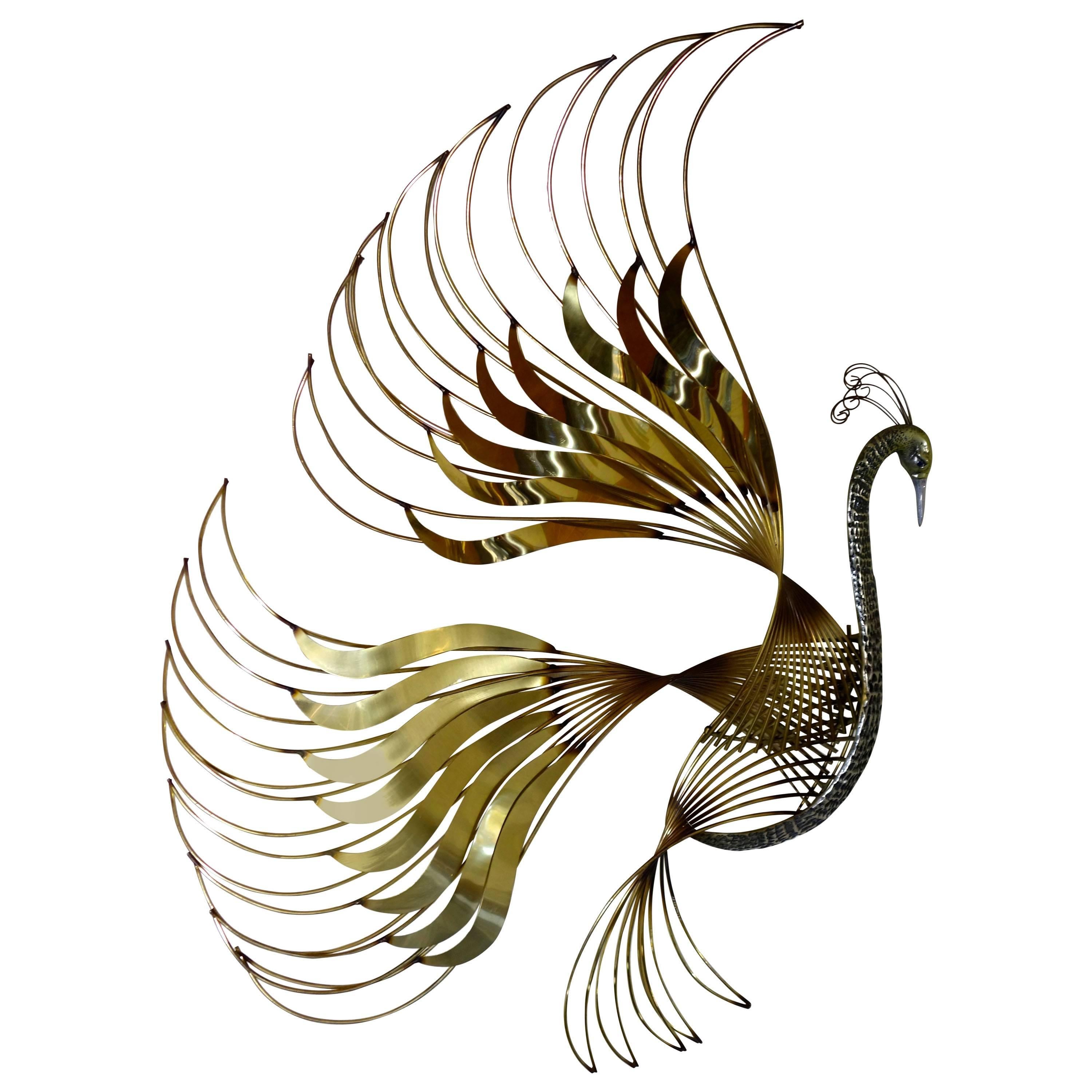 Extra Large Brass Wall Sculpture Peacock designed and made by Curtis Jeré