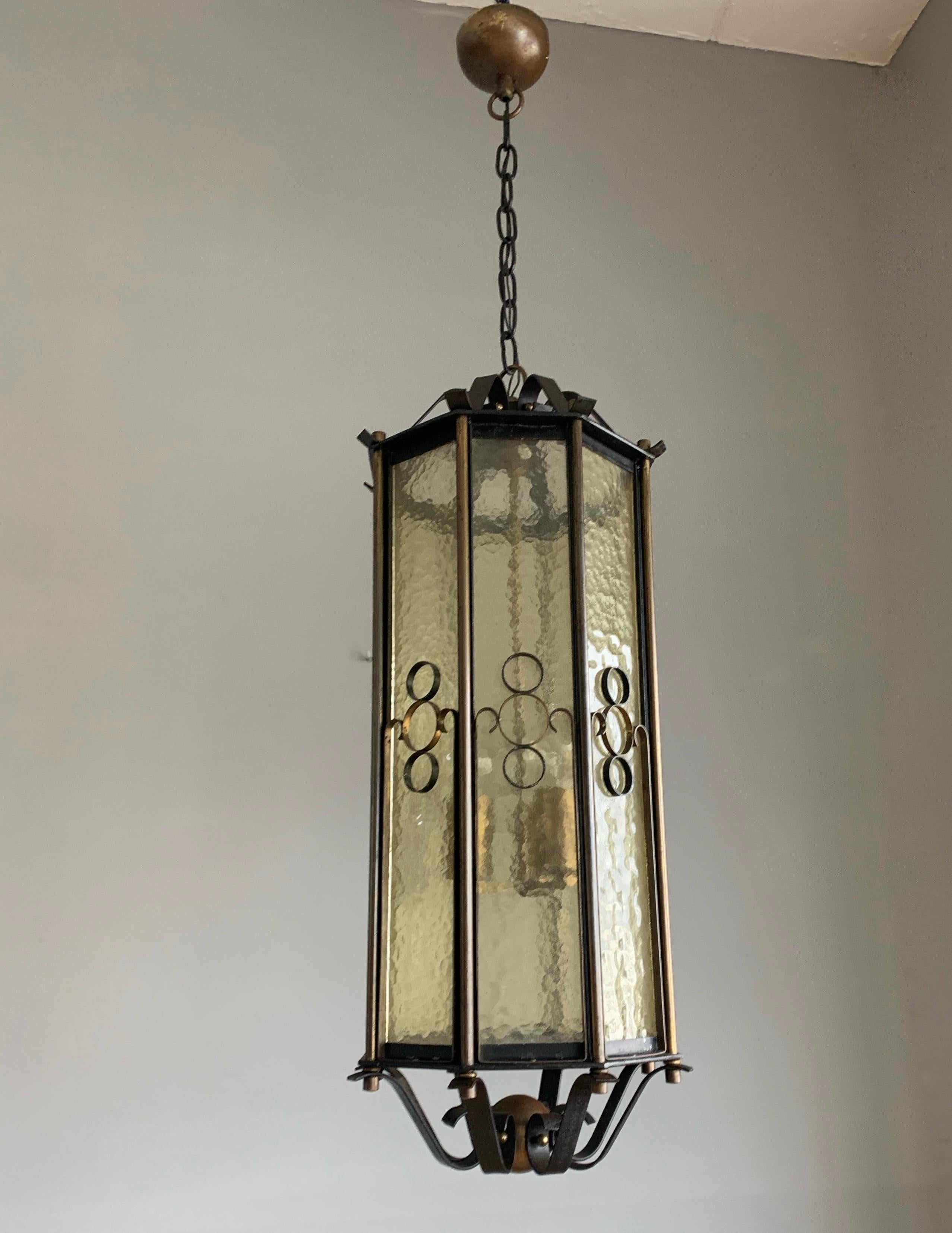 Extra Large Brass and Wrought Iron Lantern / Pendant with Cathedral Glass, 1930s For Sale 1