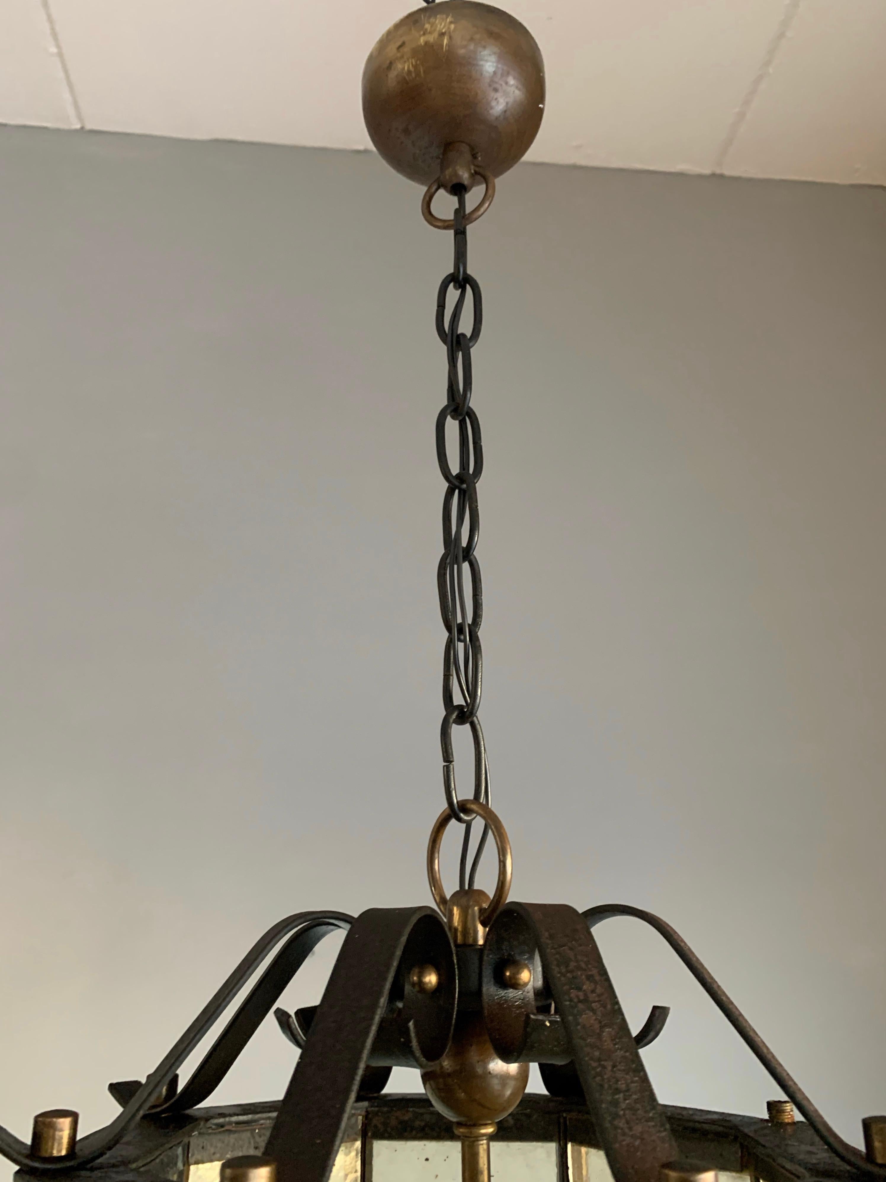Extra Large Brass and Wrought Iron Lantern / Pendant with Cathedral Glass, 1930s For Sale 2