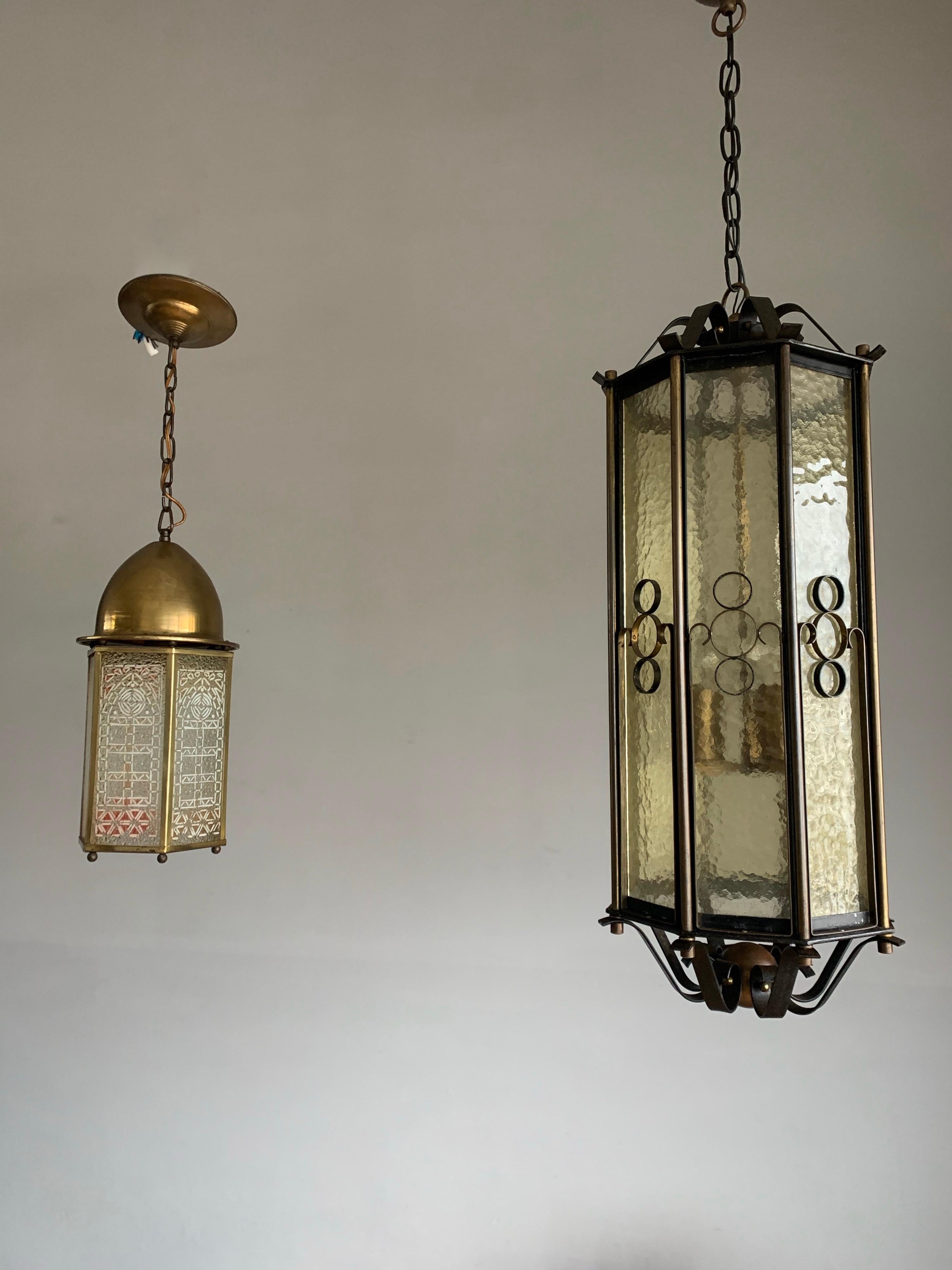 Extra Large Brass and Wrought Iron Lantern / Pendant with Cathedral Glass, 1930s For Sale 3