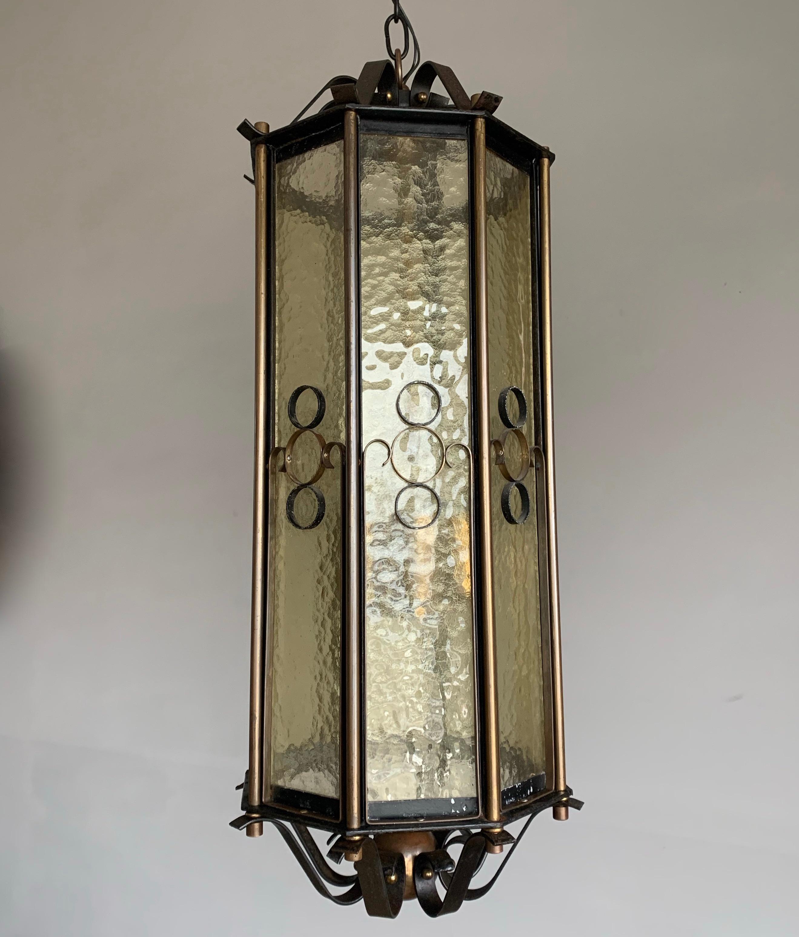 Extra Large Brass and Wrought Iron Lantern / Pendant with Cathedral Glass, 1930s For Sale 5